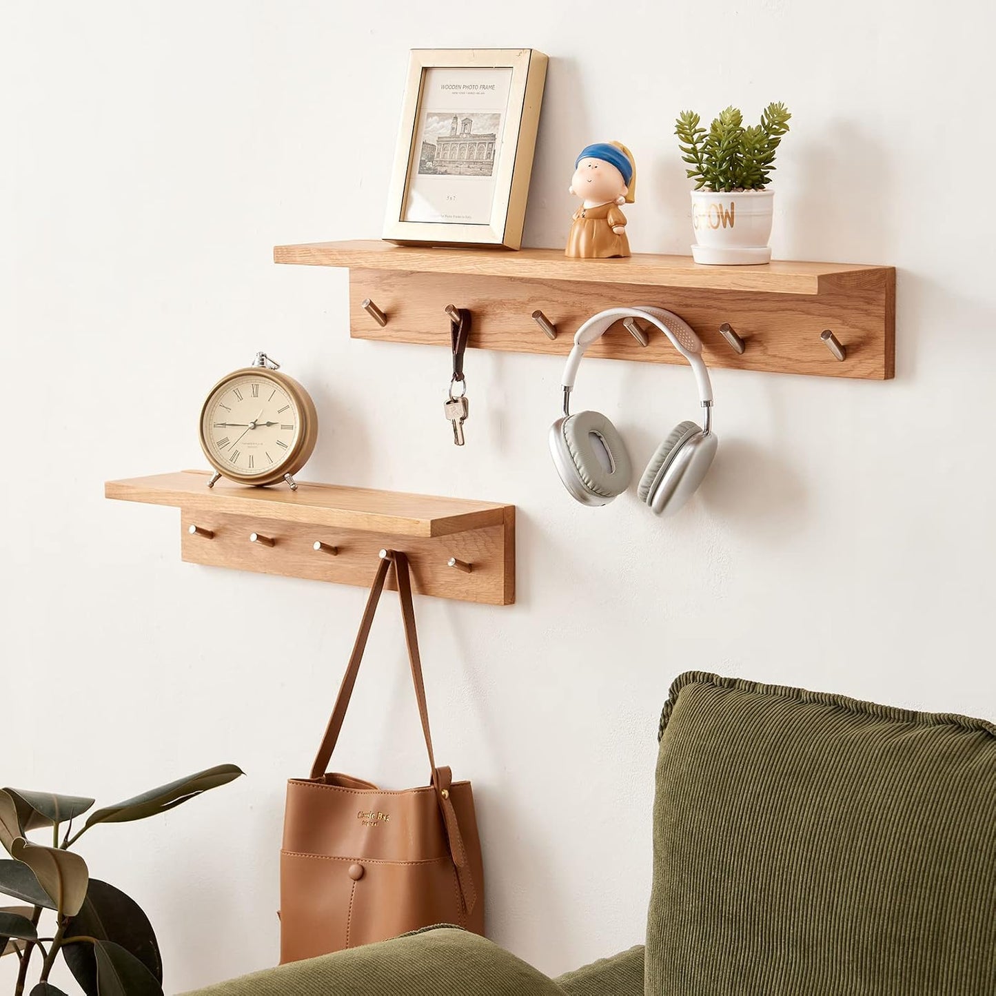Coat Rack Shelf Wall Mounted Oak Wood Entryway Shelf with 6 Hooks Wall Coat Hook Rack with Floating Shelf for Bedroom