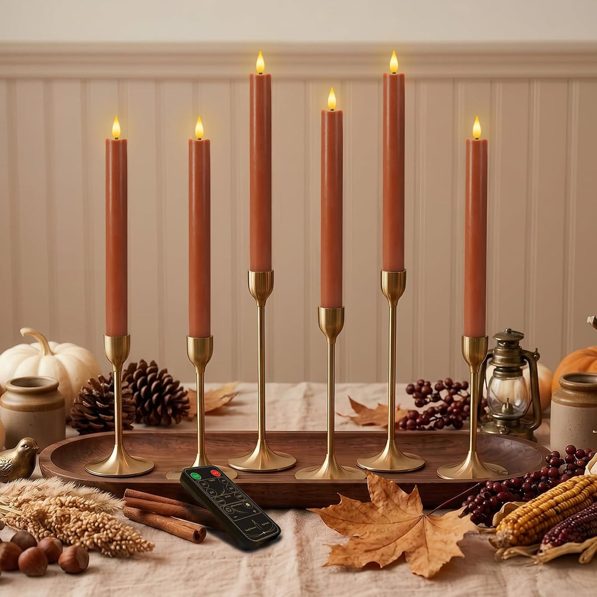 Homemory 9.6 Inch Real Wax Flameless Taper Candles, Terracotta LED Candlesticks 6 Pcs with 3D Flame Remote and Timer, Battery Operated for Thanksgiving Mother's Day Teacher Appreciation Gifts