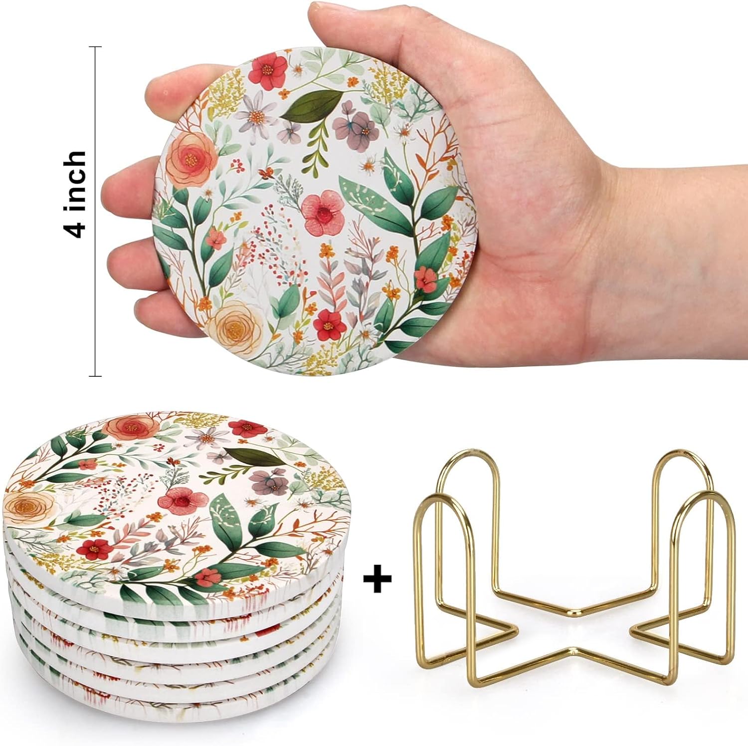 Holder Funny Ceramic Absorbent Coaster Decorative Coffee Table Decor / Flower 1 / Set of 6