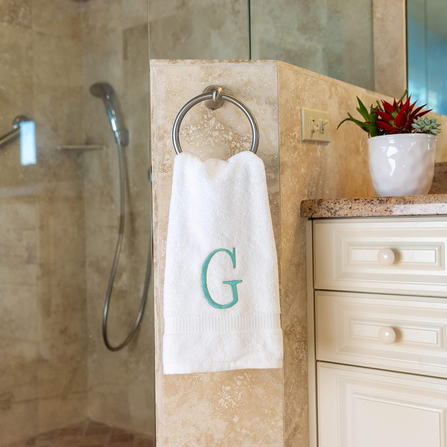 White with Teal Monogrammed Hand Towels for Bathroom - Set of 2 Letter G | Luxury Hotel Quality Initial Towels For