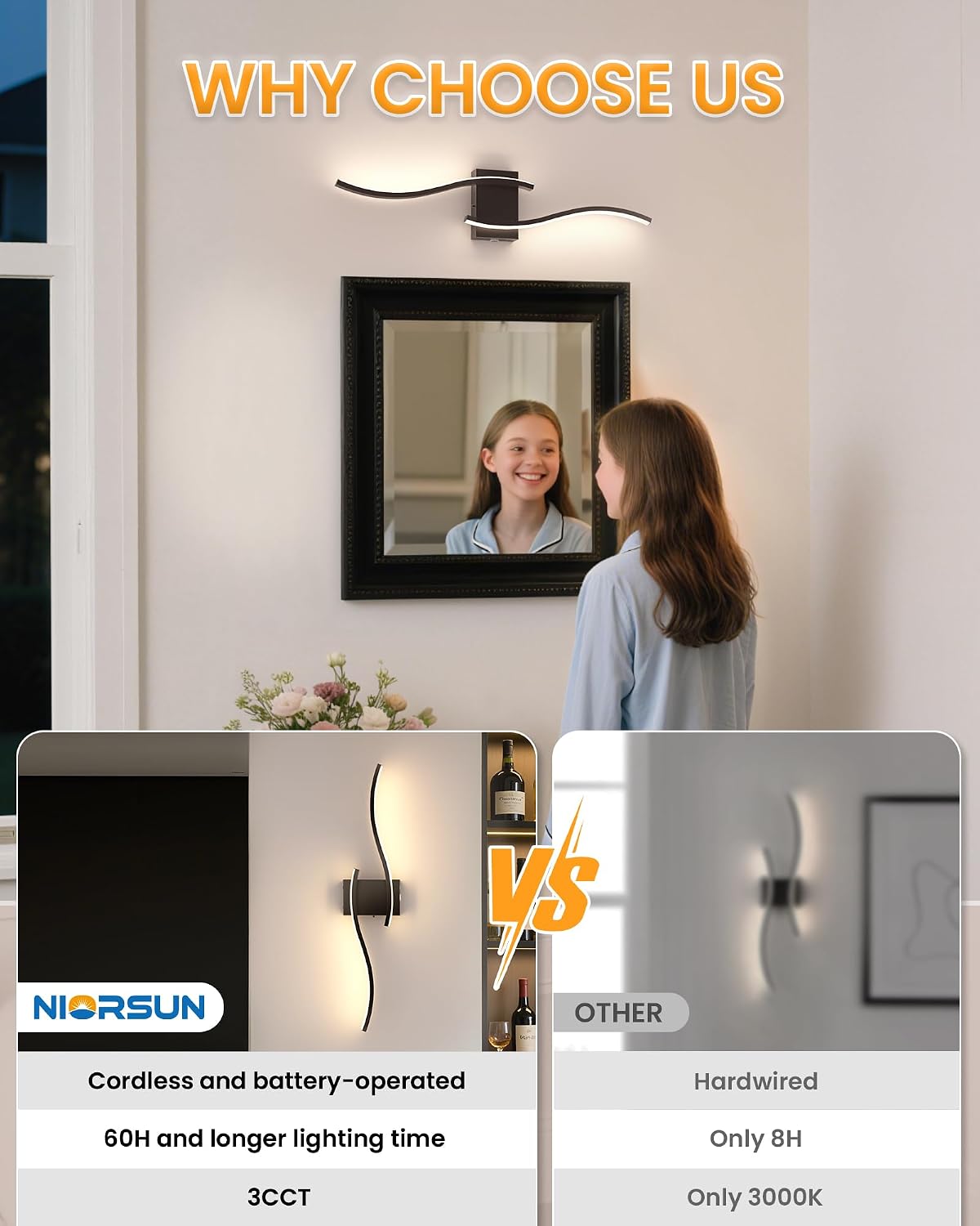 27.6 Inch Battery Operated Wall Sconce Set of 2, Black Modern Rechargeable Wall Lights with Remote, 3CCT Dimmable