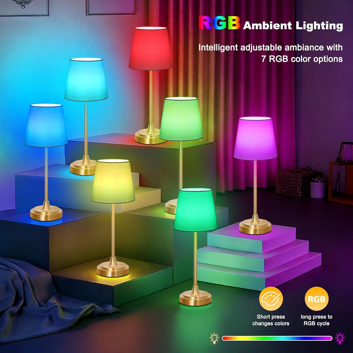 Wowag Cordless Table Lamp Rechargeable,5000mAh Battery Operated Desk Lamp,3 Colors & 7 RGB Stepless Dimmable,Touch