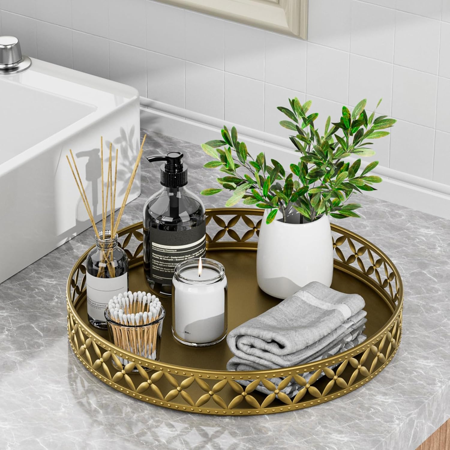 Bathroom Counter Vanity Tray / Floral-gold