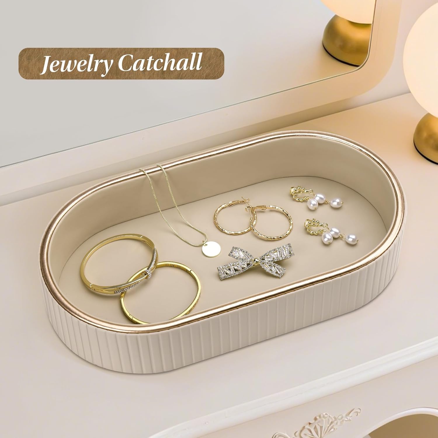PU Leather Perfume Tray Nightstand Organizer / Beige