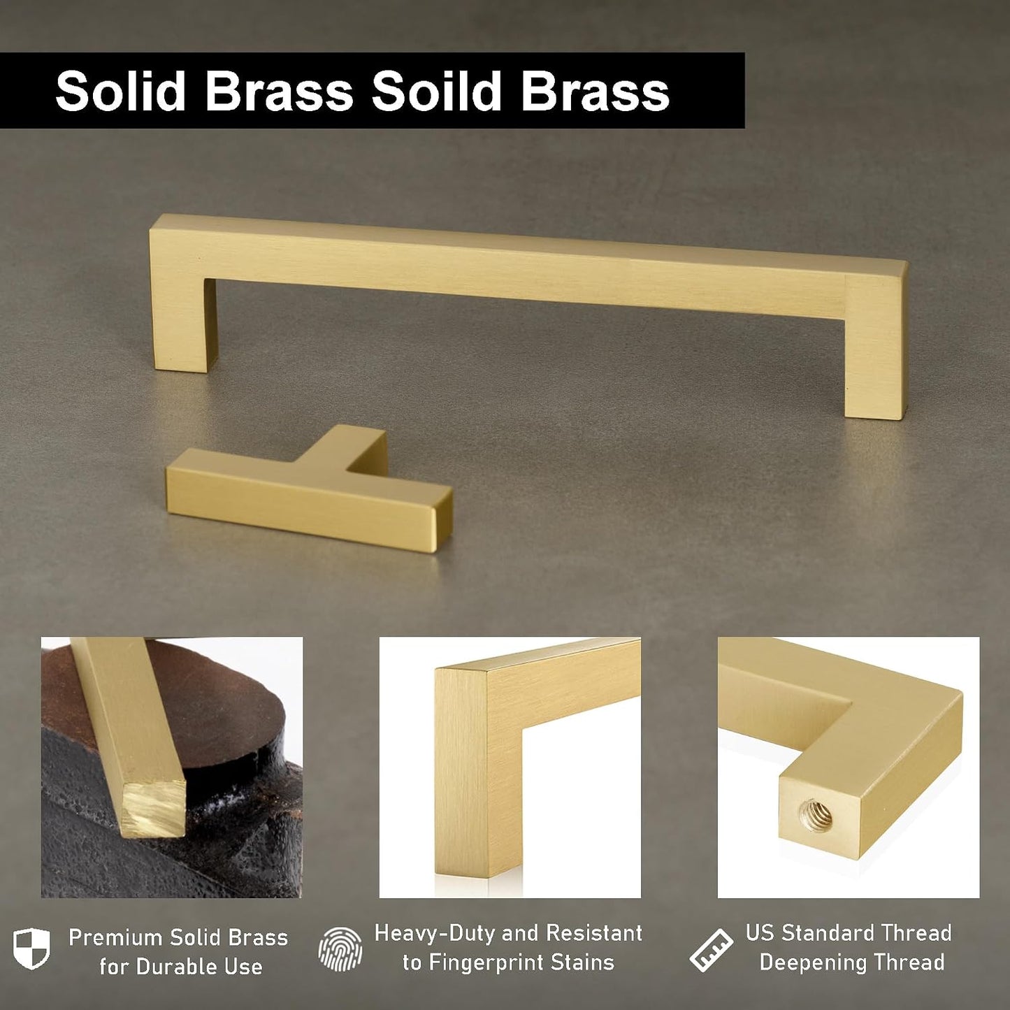 QOGRISUN 5-Pack Brushed Brass Cabinet Pulls, Solid Brass, 5" Center | Solid Brass Square Pulls, Brushed Brass Finish