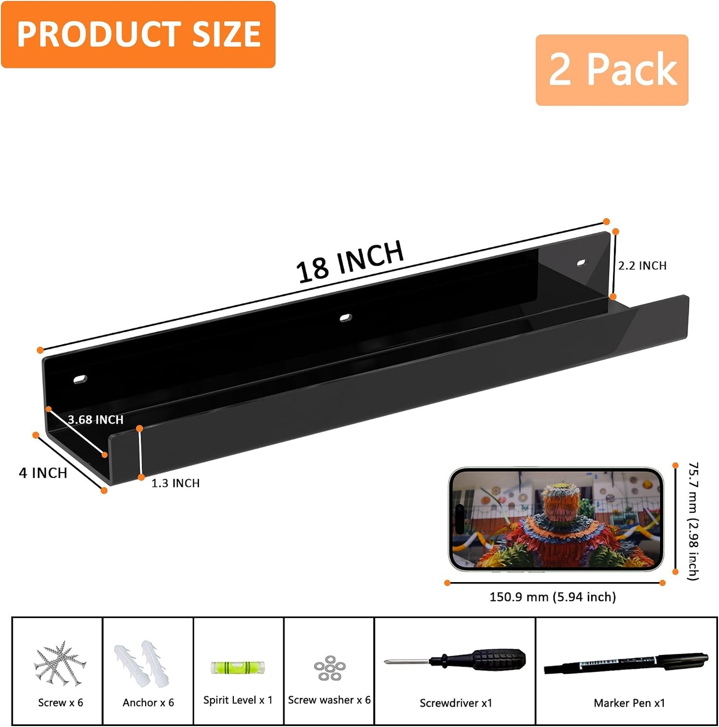 18 Inches Black Acrylic Wall Shelves 2 Pack, Acrylic Home Organizer Shelves for Wall Storage, Space Saver