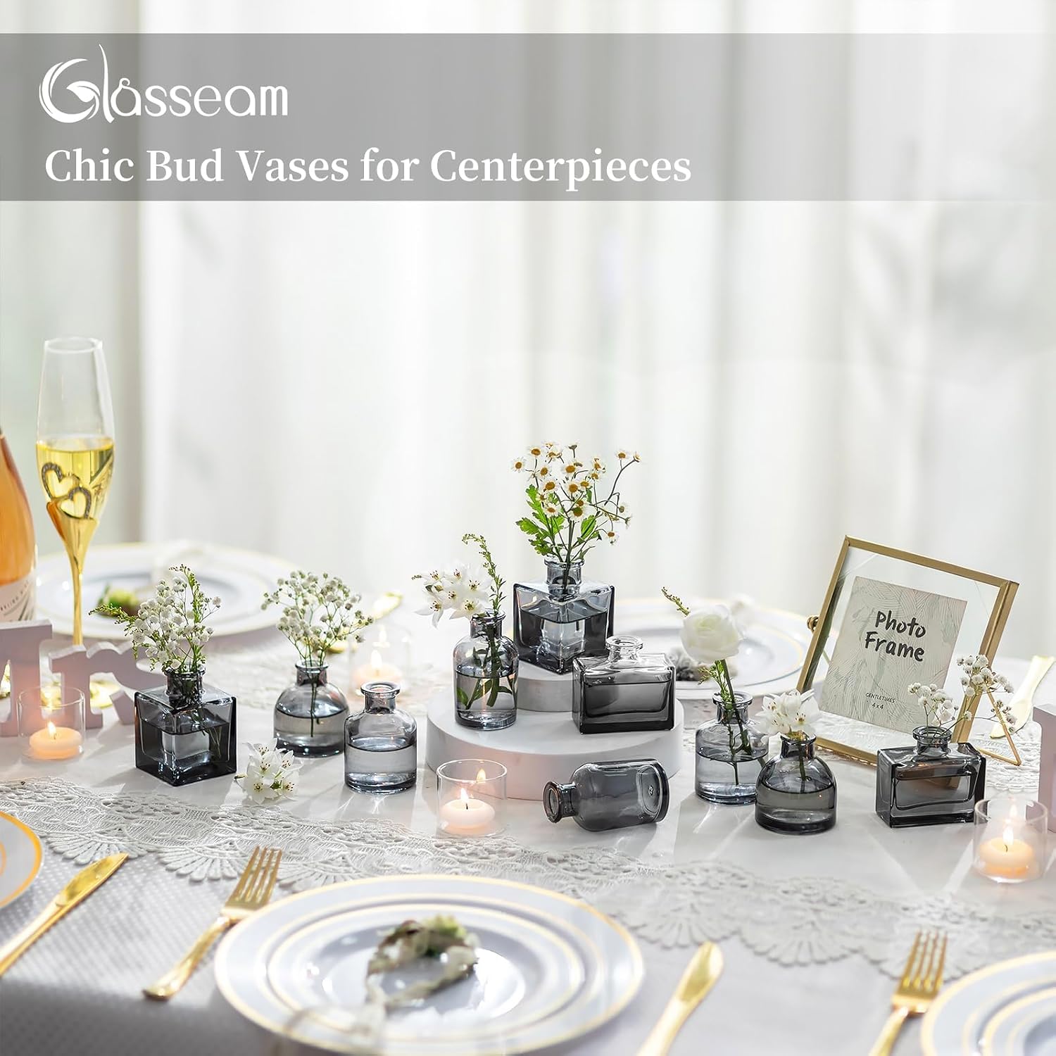 Clear Small Flower Vase Tiny Glass Table Centerpieces Modern / Black Grey / Set of 20