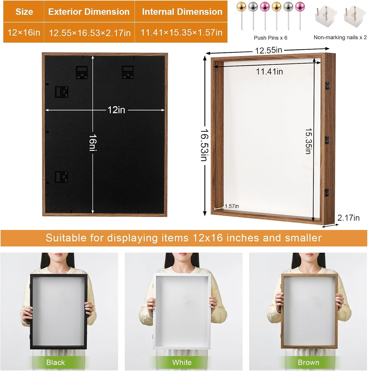 12x16 Brown Deep Shadow Box Picture Frame with Polished Plexiglass | Large Shadow Box Display Case with Push Pins,and