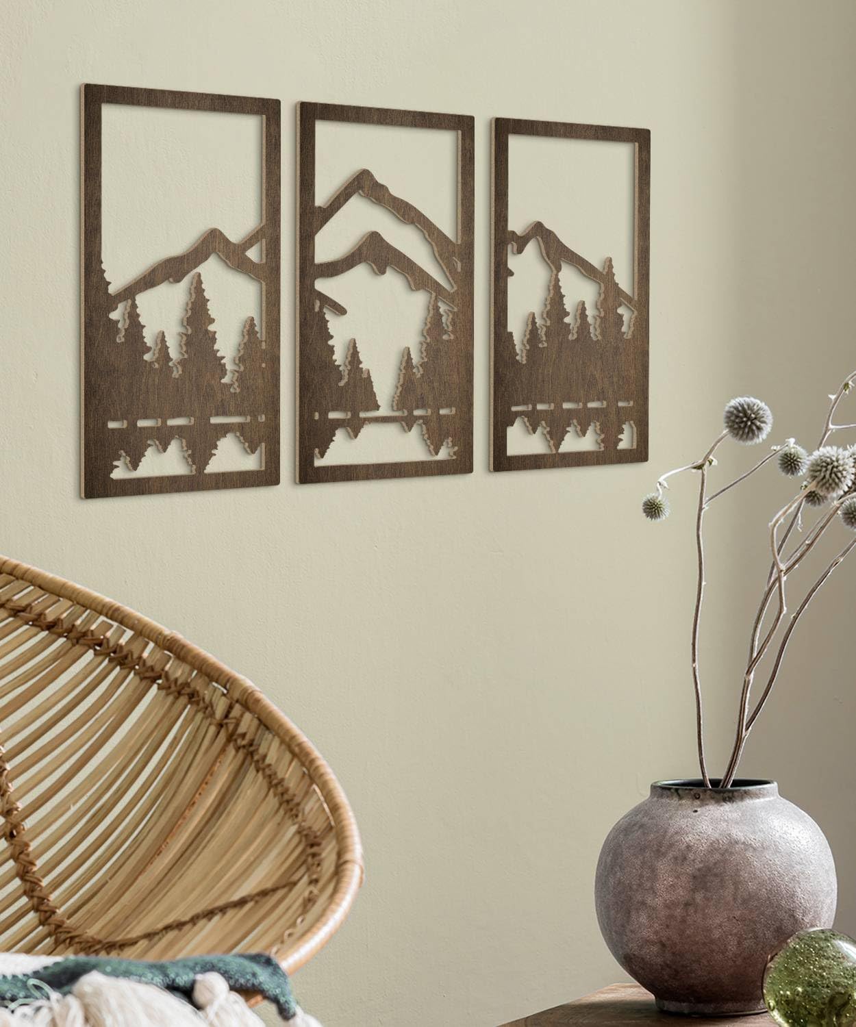 3-Piece Forest Wood Wall Art Set / Mountain / Natural