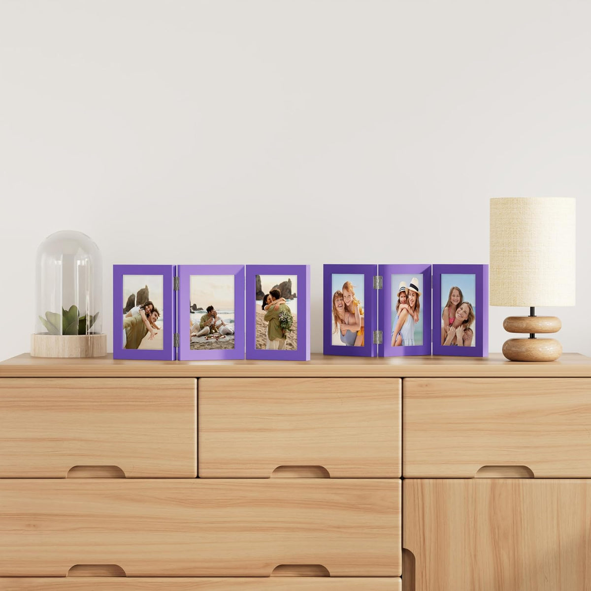 decorUhome Purple Triple 5x7 Picture Frame Vertical, MDPP08 | "Z" Shape Folding Design Engineered Wood Trifold Photo