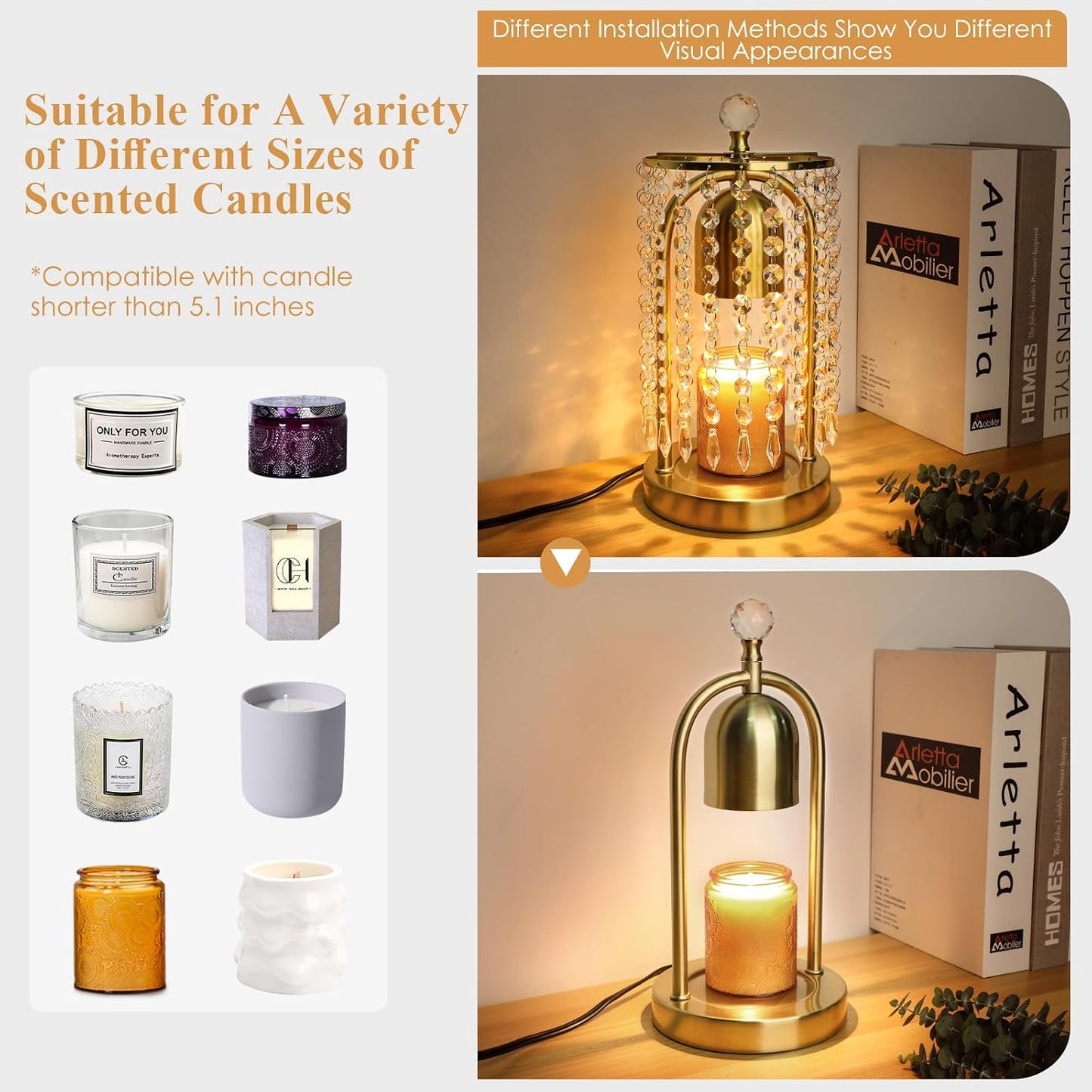 Gold Candle Warmer Lamp with Timer and Dimmer - Electric Candle Warmer,Crystal Candle Lamp for Bedroom Decor,Flameless