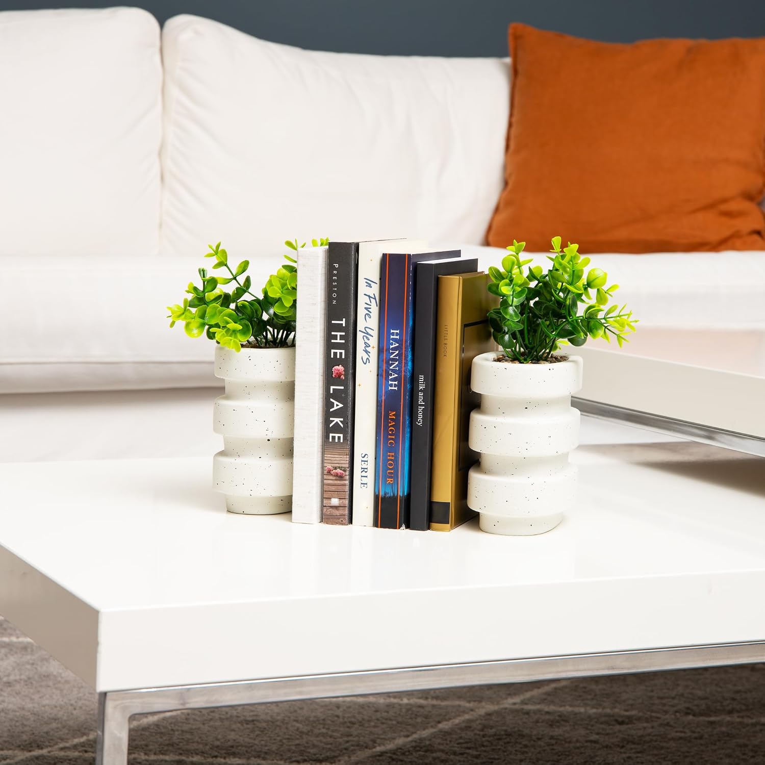 Ribbed Cement Planter Bookends / White Ribbed Cement Bookends / Set of 2