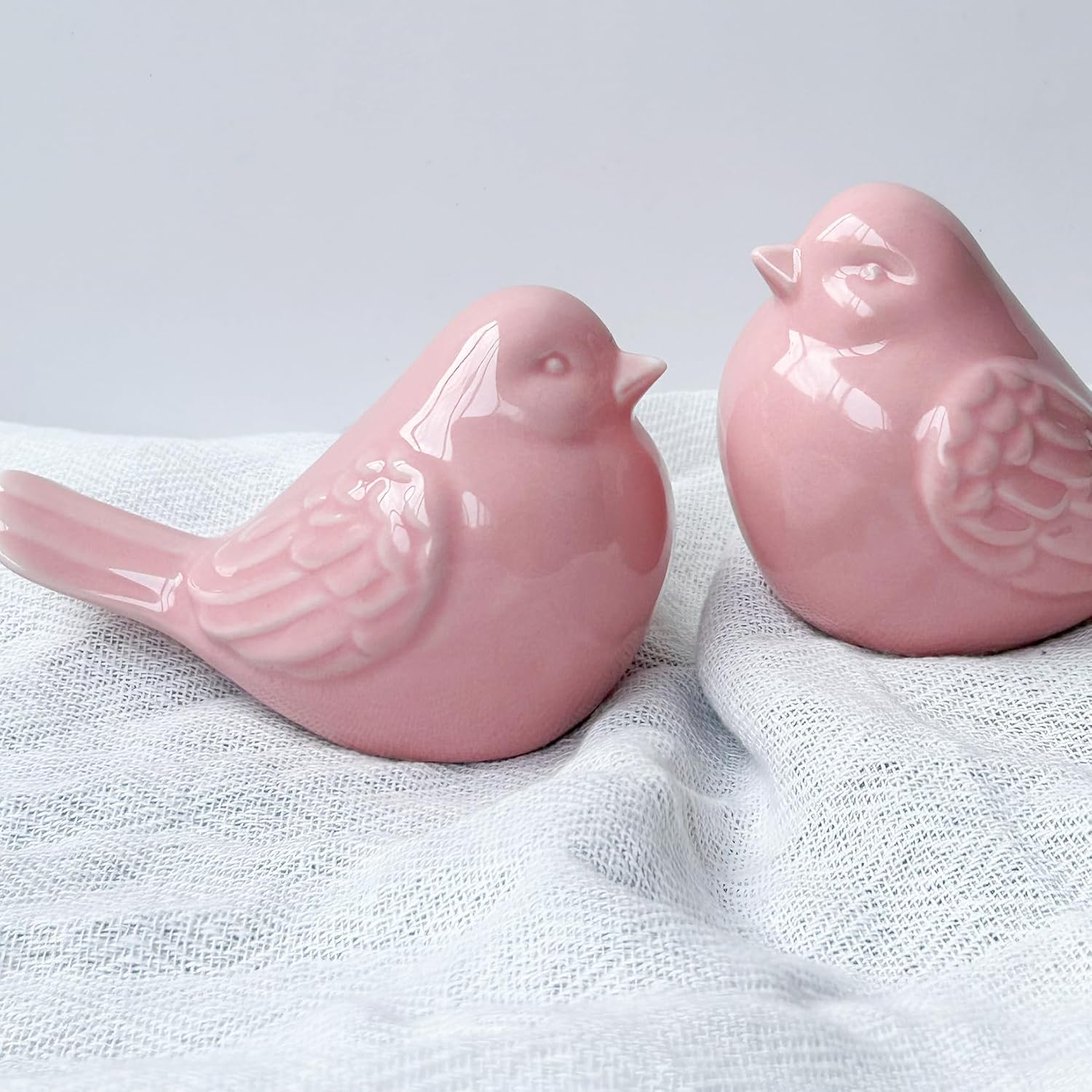 Decorative Glazed Ceramic Bird Figurine / Pink / Set of 2