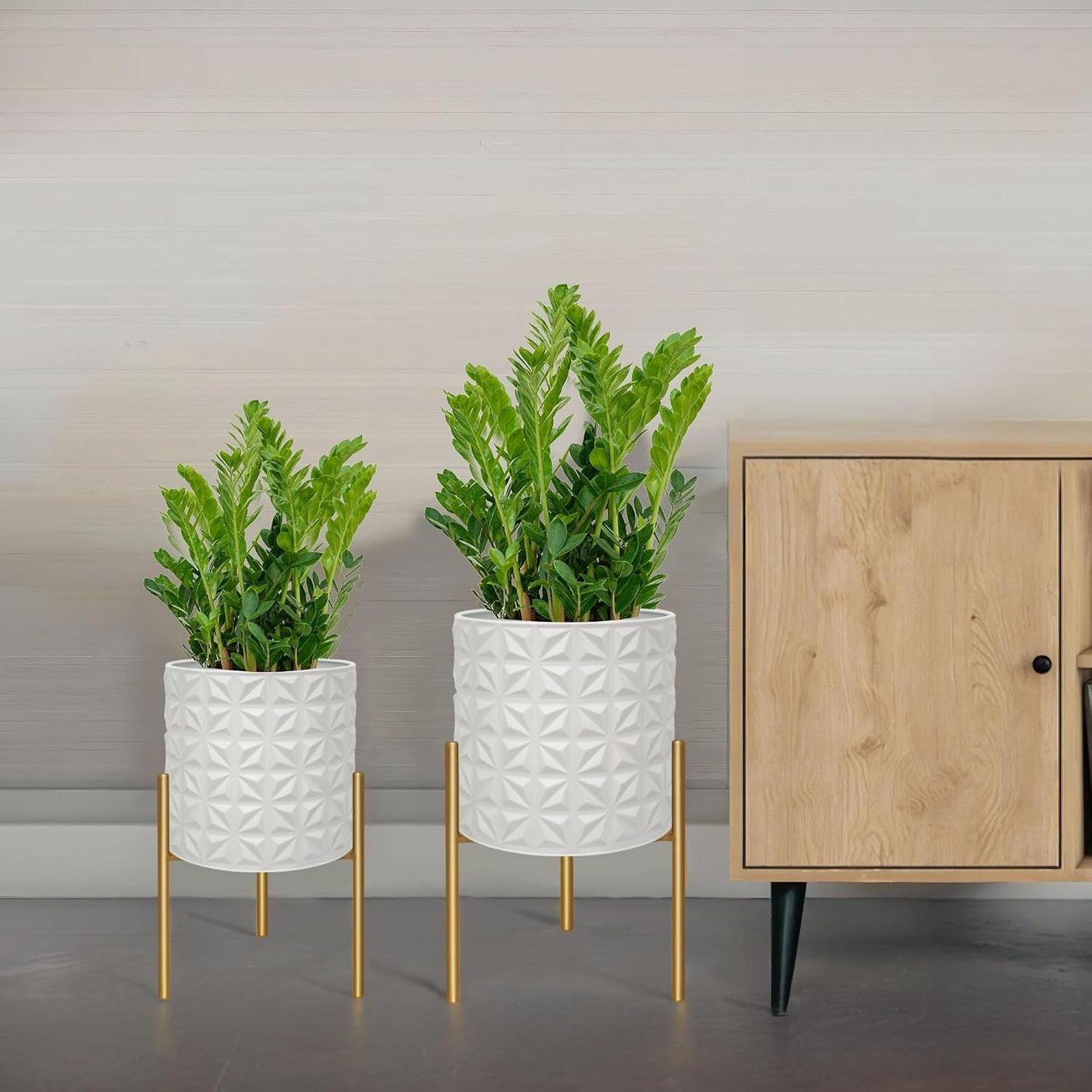 ARNIS Modern Planter Pots, Set of 2 Large Planters with Stand, Decorative Planters, Metal Pots with Drainage Holes for