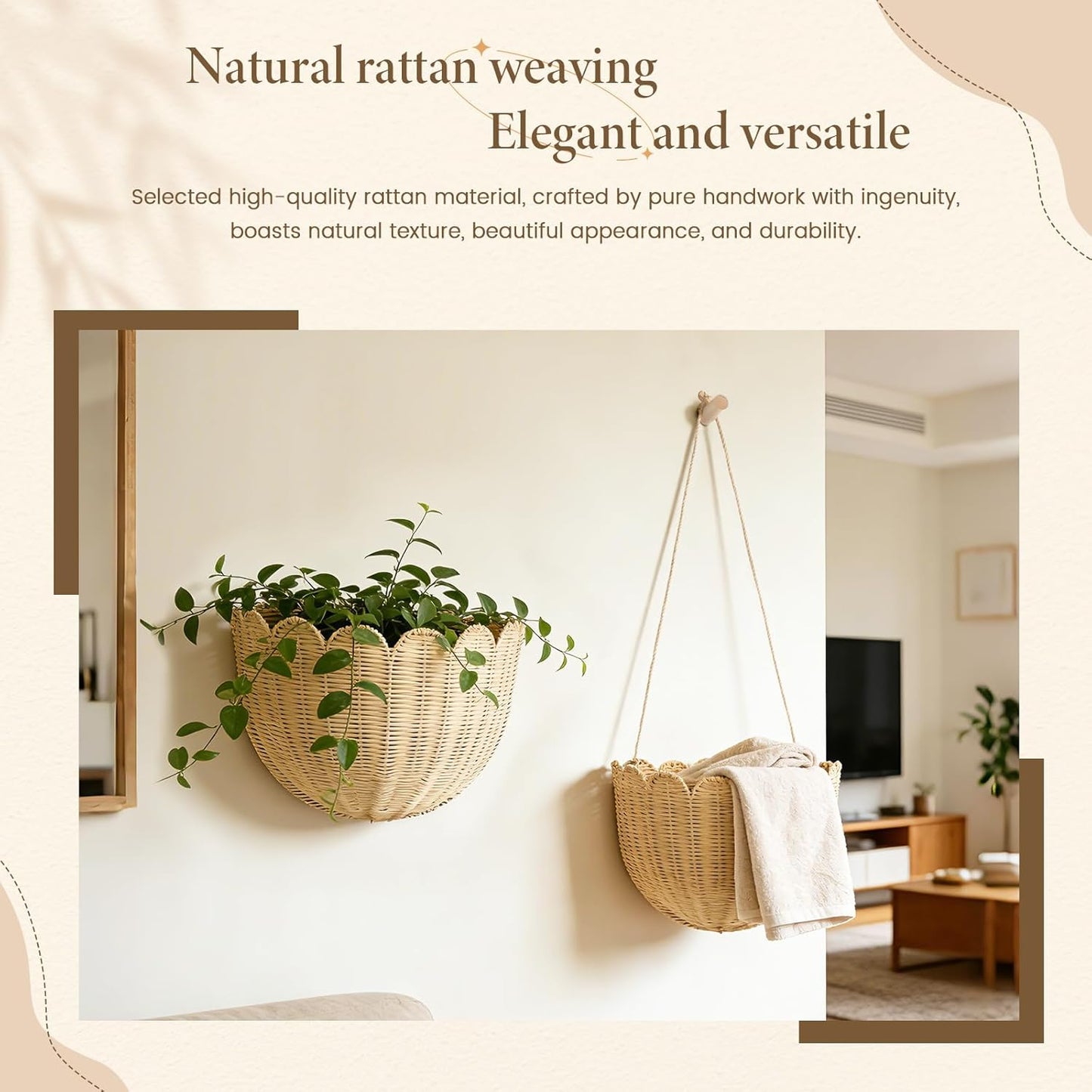 Natural Handwoven Scalloped Wall Basket / Honey Brown / Set of 2