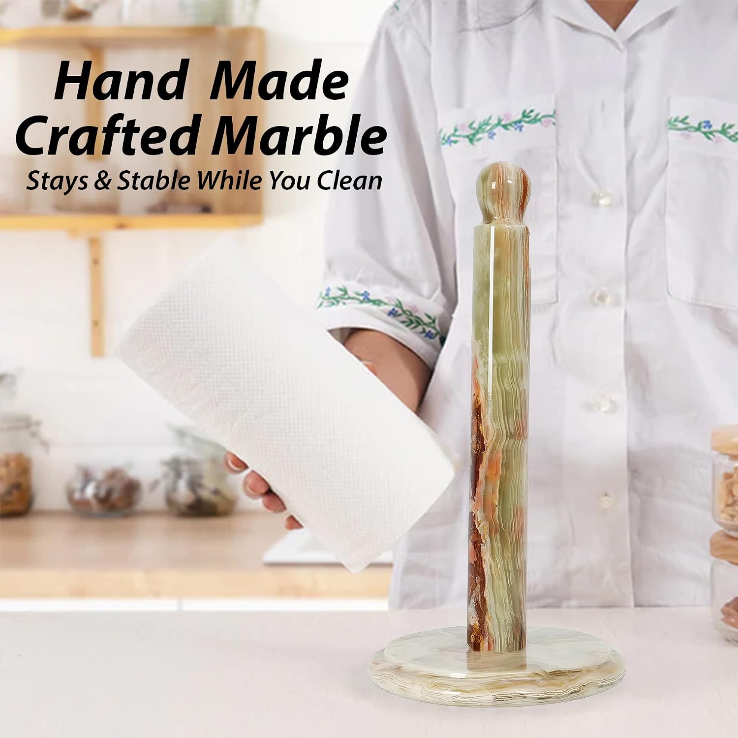 Handmade Green Onyx Paper Towel Holder – Unique Natural Stone Stand for Kitchen or Bathroom – Translucent Green Marble