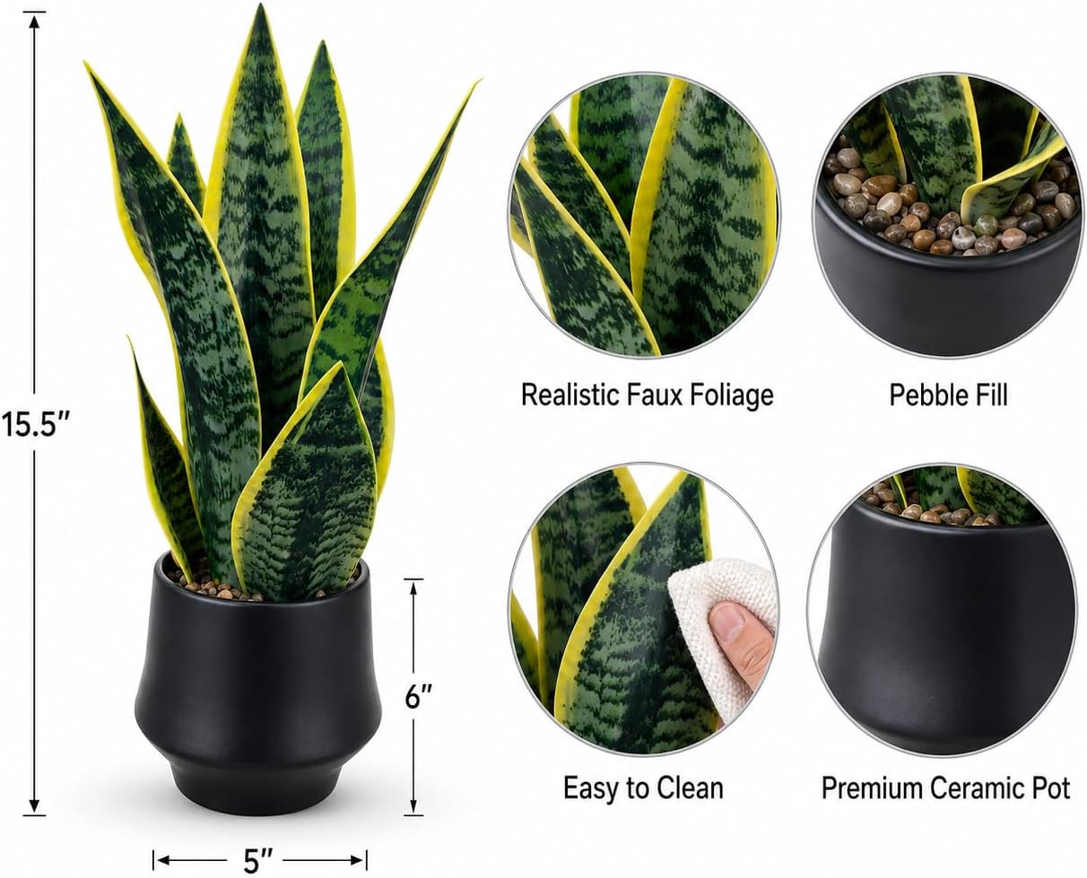 Realistic Artificial Snake Plant 15" in Ceramic Pot
