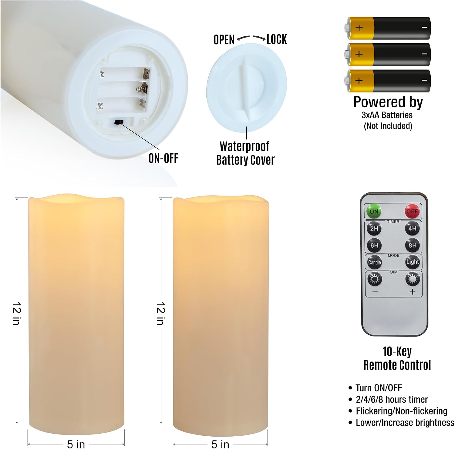 12" x 5" Waterproof Extra Large Outdoor Flameless Candles Battery Operated LED Flickering Pillar Candles with Remote