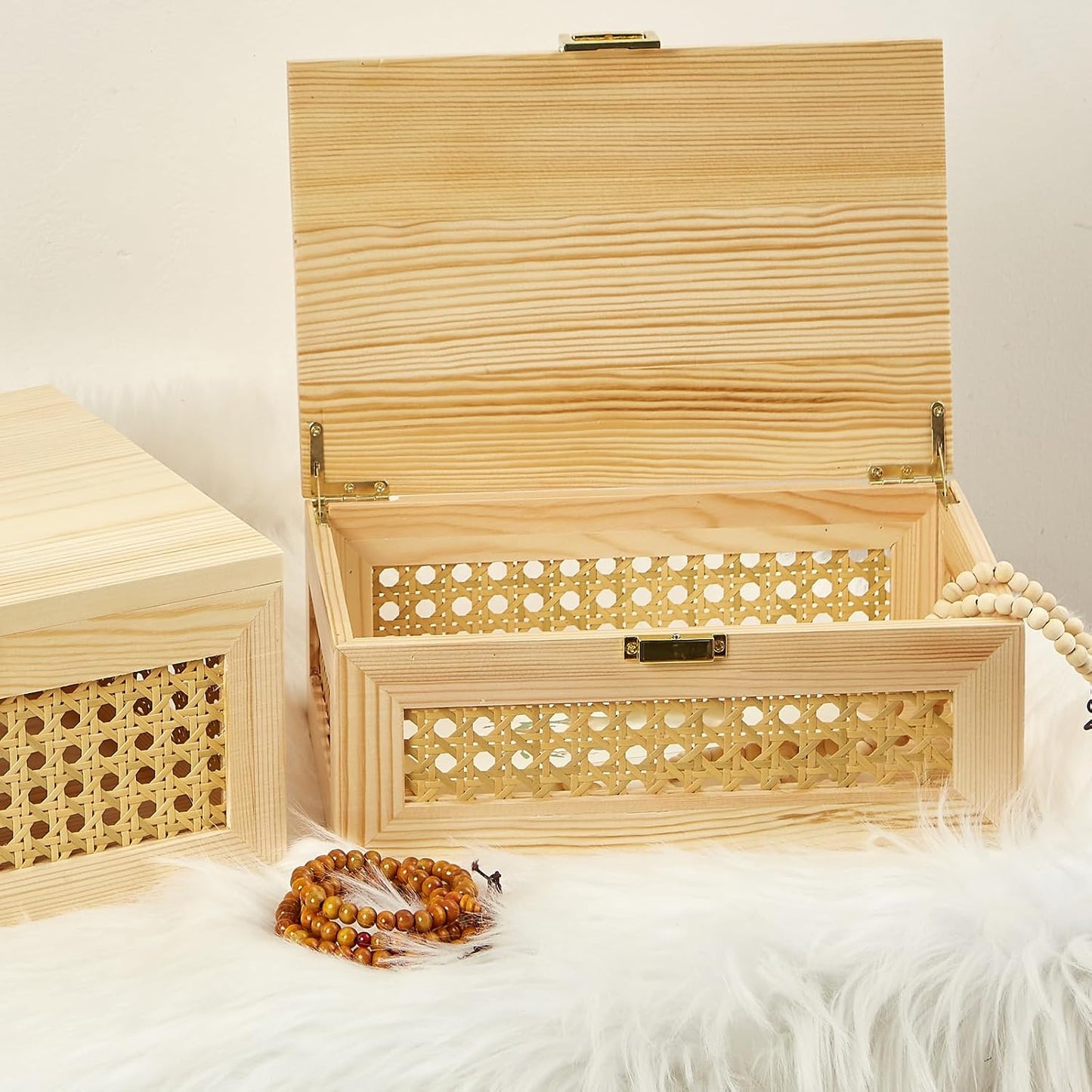Decorative Rattan Storage Boxes Solid Wood Baskets Bins / Light Wood / Natural / Set of 2