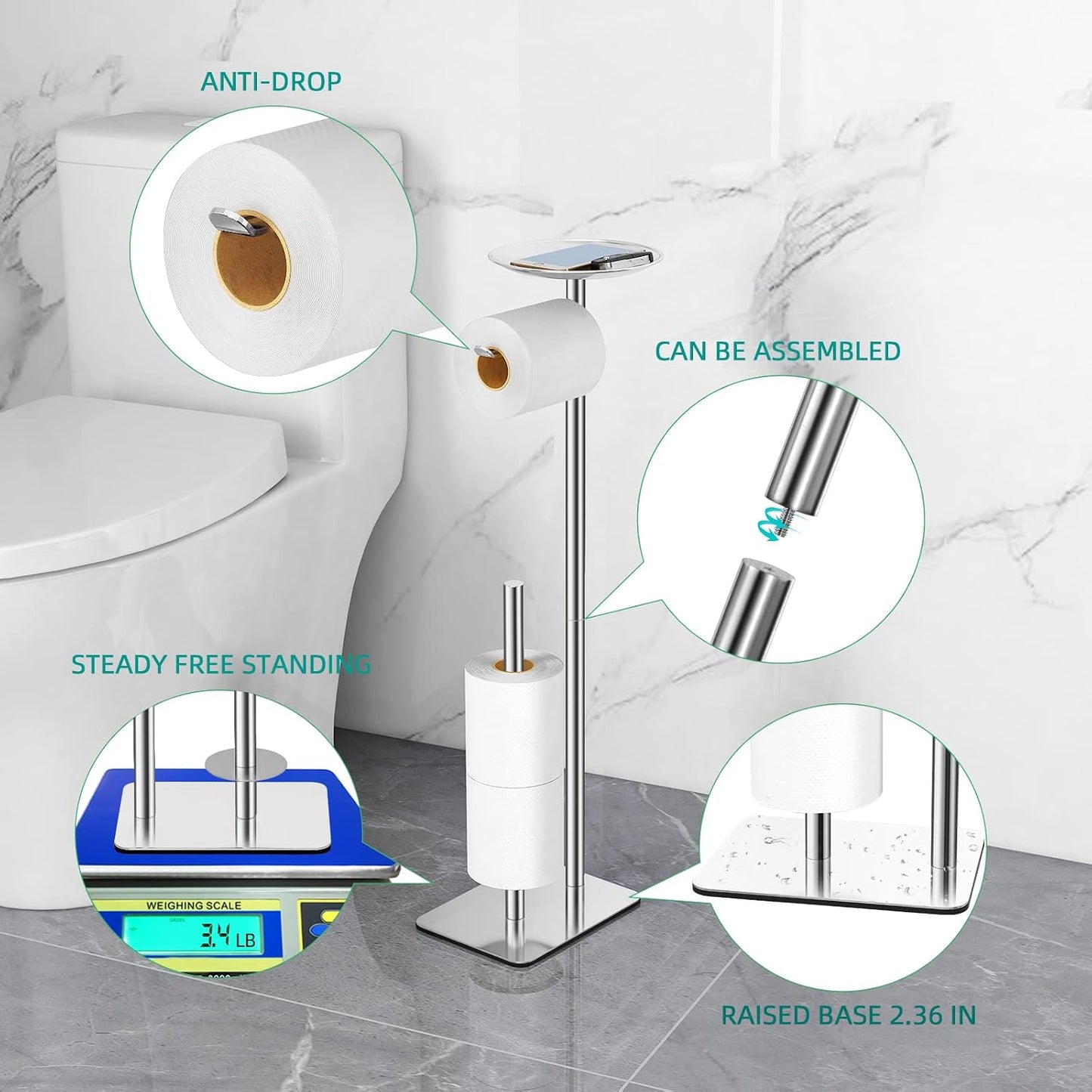 FEILERN Toilet Paper Holder Stand for Bathroom Floor Standing Toilet Roll Dispenser Storages 4 Reserve Rolls, with Top