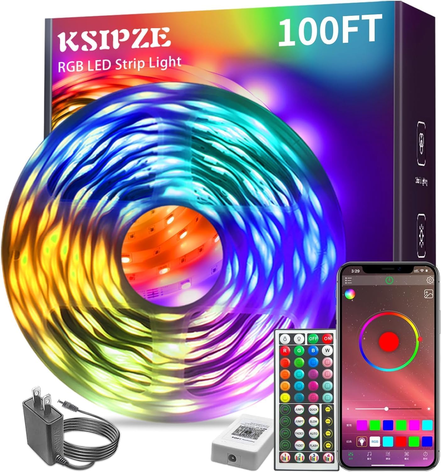 KSIPZE 100ft Led Strip Lights RGB Music Sync Color Changing Led Lights with Smart App Control Remote Led Lights for