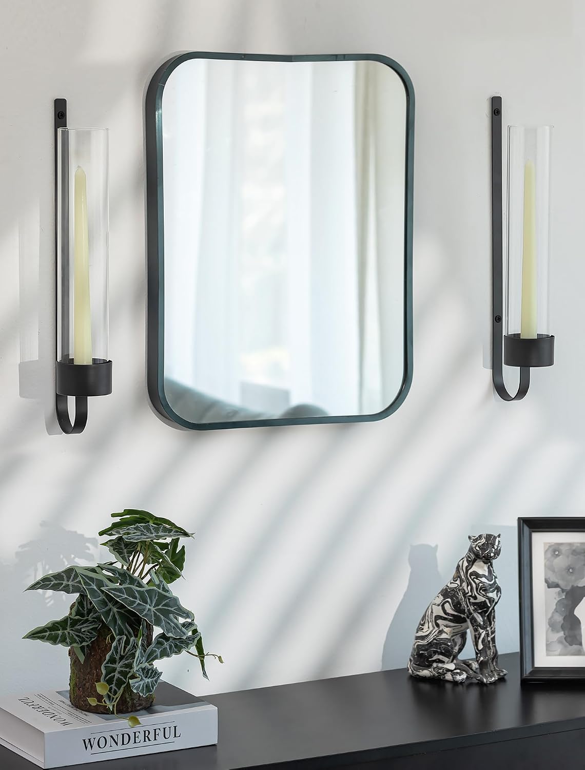 Sziqiqi Black Wall Candle Holders: Metal Candle Sconces for Taper Set of 2 | Set of 2, with Hurricane Glass, Modern