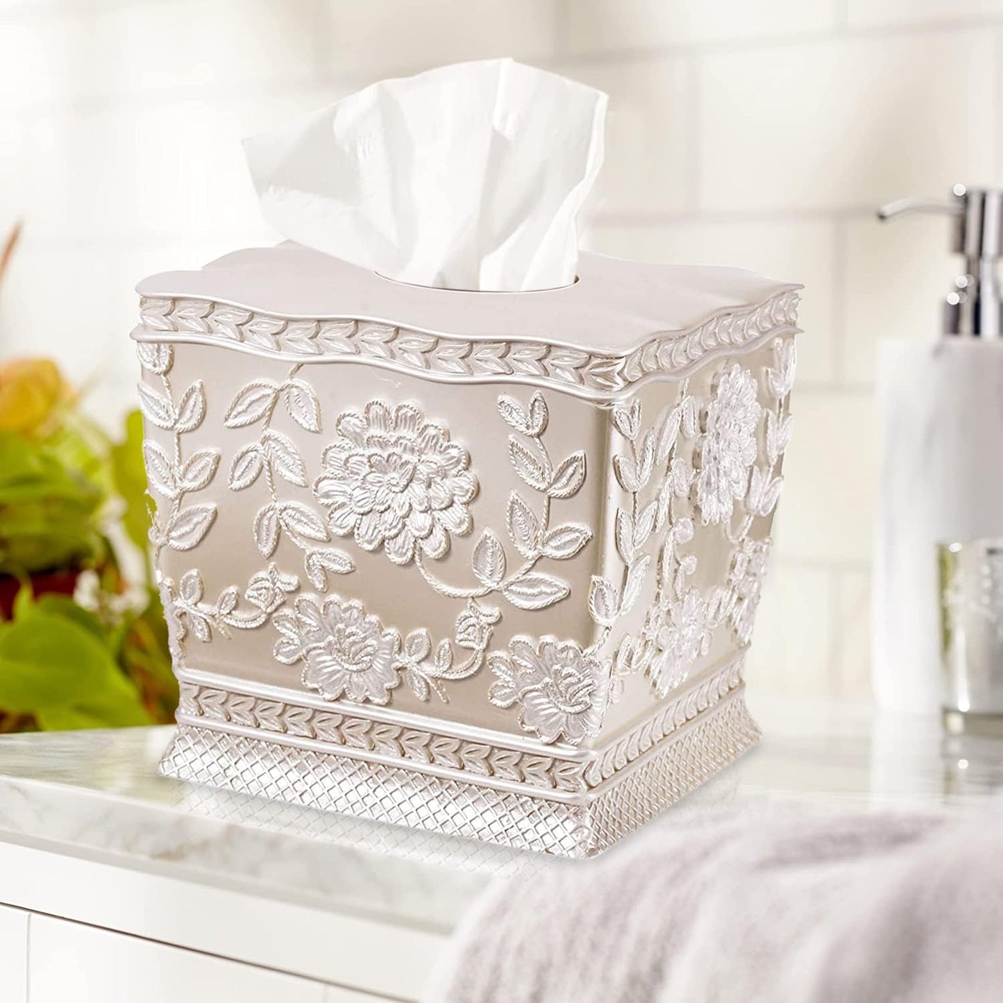 Zahari Home 2pc Rose Vine Bathroom Set Waste Basket & Tissue Cover Modern Classic Decor Stylish Unique Design Beautiful