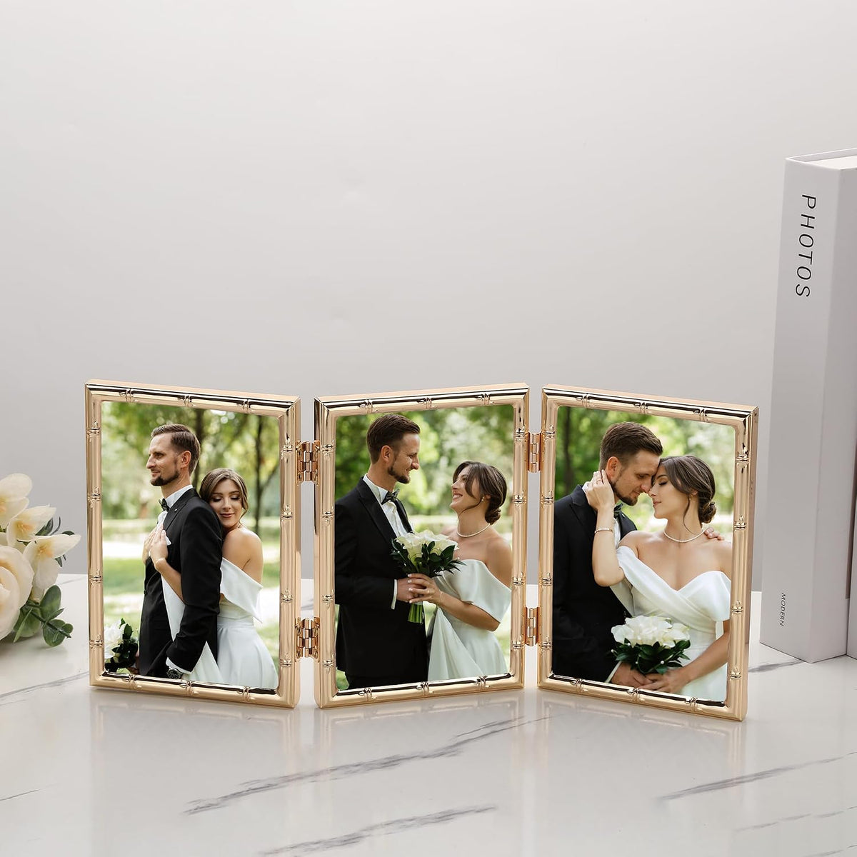YiPinYin Dark Gold 5x7'' Bamboo Detail Designs Hinged Triple Metal Picture Frame,Elegant Gold Plated Wedding Photo
