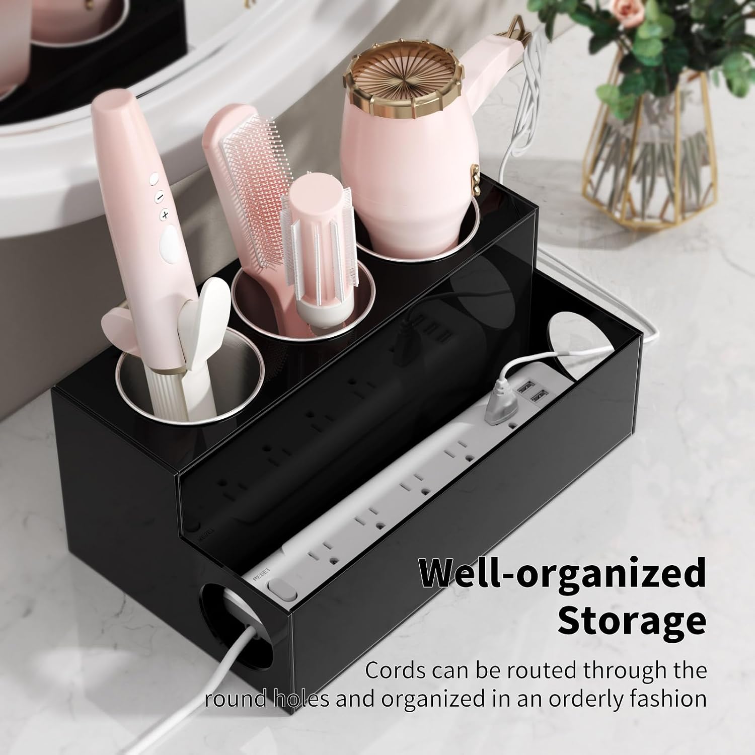 NIUBEE Acrylic Hair Tool Organizer,Hair Dryer Holder Countertop with 3 Cups | Black, Hot Tools Organizer, Hair Blow