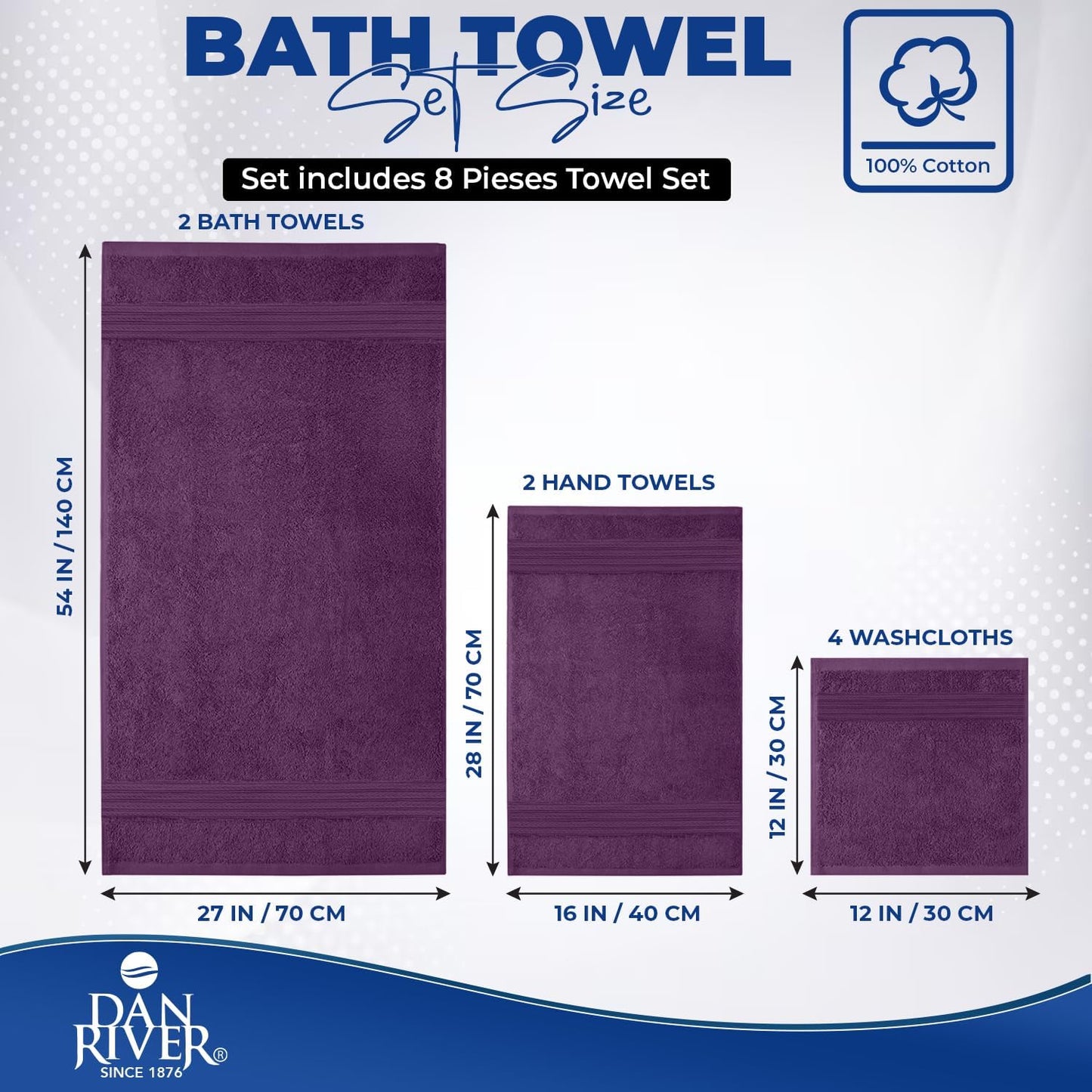 DAN RIVER 8 Piece Luxury Bath Towels for Bathroom, Towel Set, Purple | 2 Bath towels, 2 Hand towels, and 4 Wash Cloths