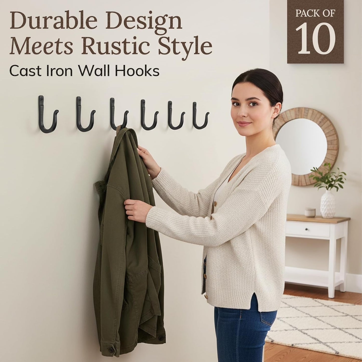 Wall Mounted Farmhouse Decorative Hooks / Black / Blacksmith Spike Hooks / Set of 10