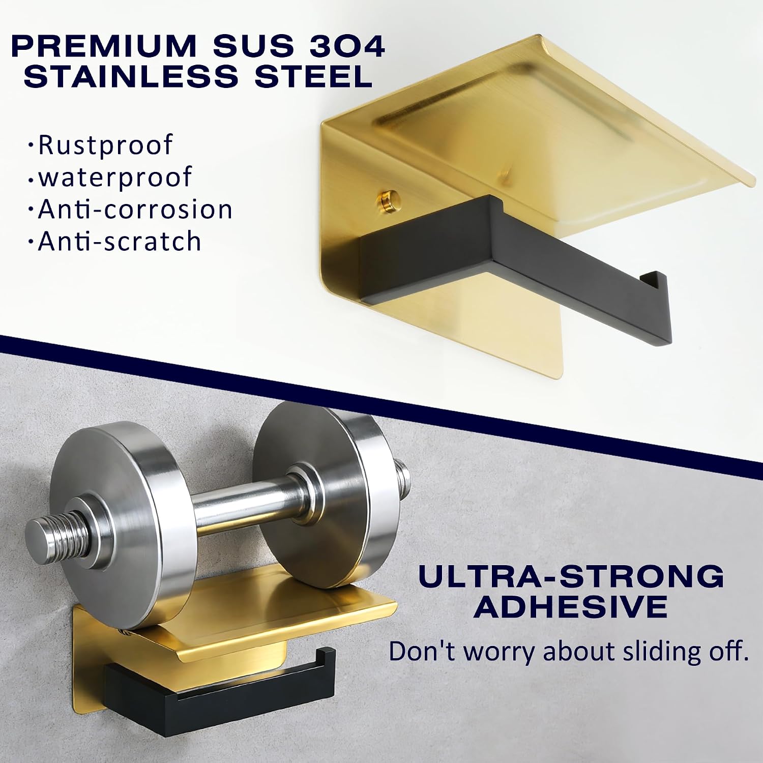 Alise Toilet Paper Holder with Shelf Wall Mounted,Gold and Black Finish | Self Adhesive or Drilling,SUS304 Stainless