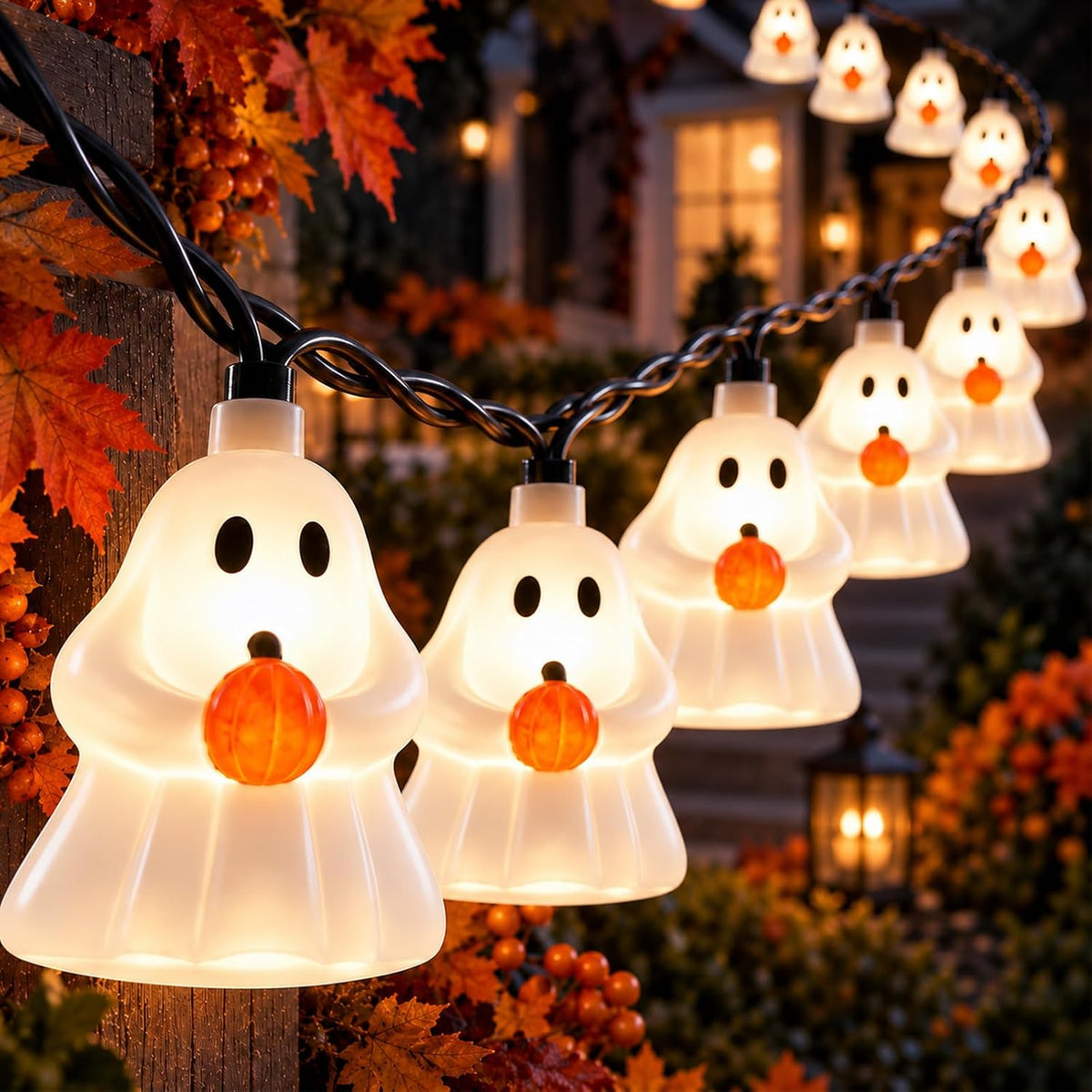 8.5FT Halloween LED Ghost String Lights Plug-In 10 White Ghosts Decor