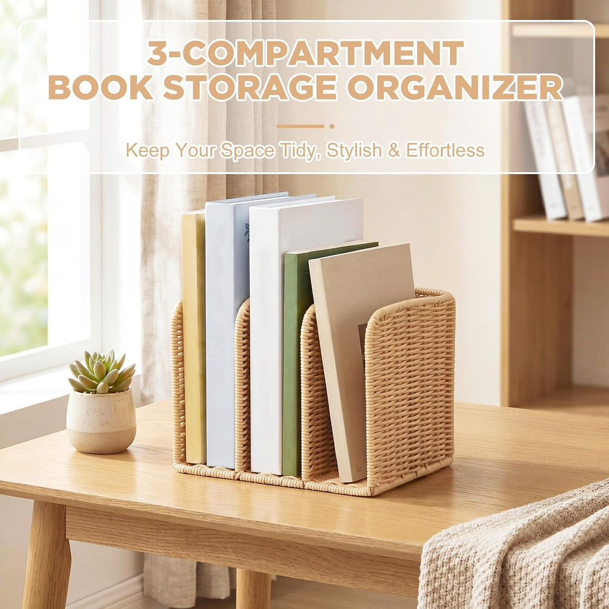 Novabright Synthetic Rattan File Magazine Holder Desk Organizer, 3 Vertical Compartments Workspace Sorters for