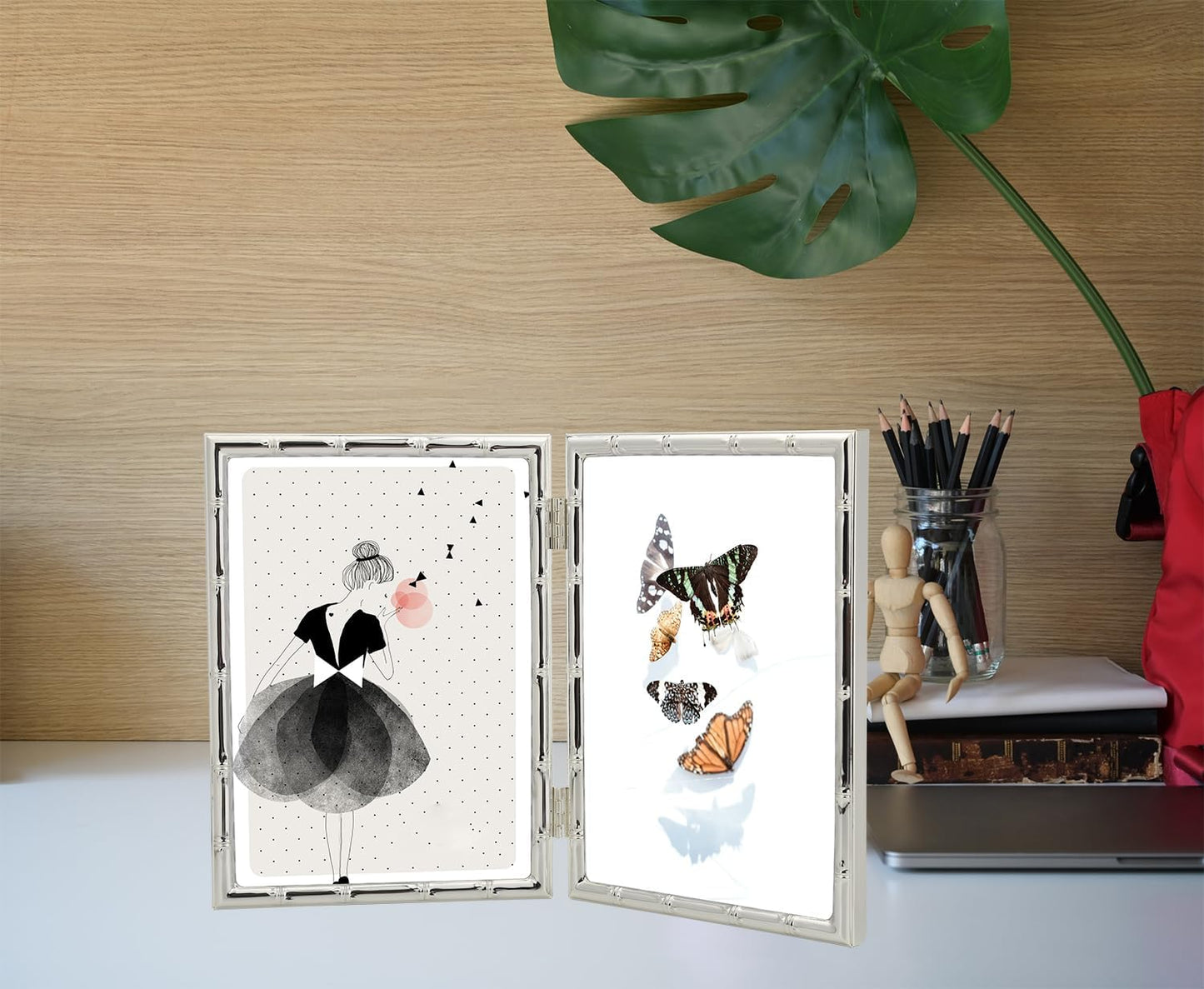 YiPinYin Silver 5x7'' Bamboo Detail Double Metal Picture Frame,Elegant Elegant Narrow Profile Silver Plated Photo