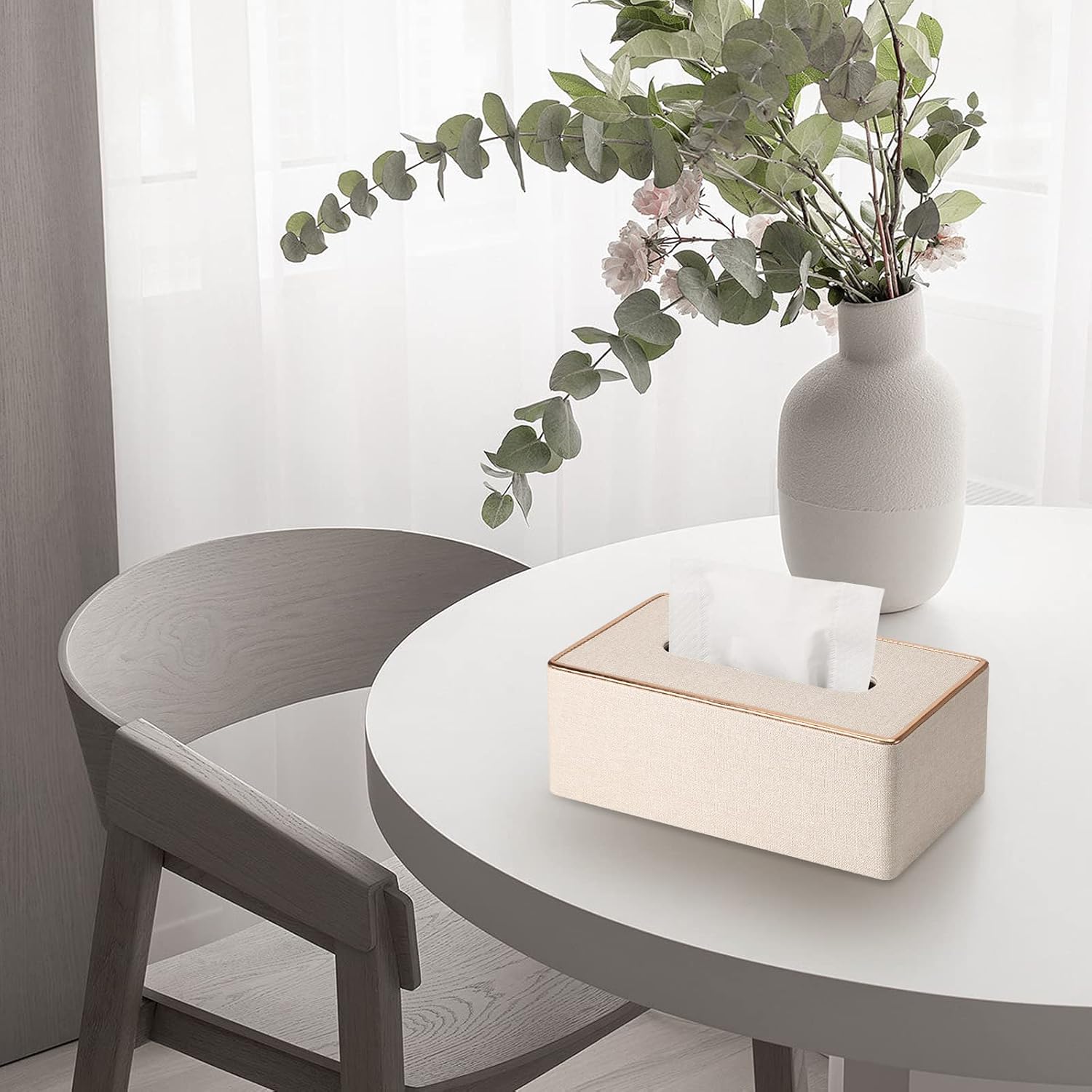 Tissue Box Cover / Beige / Gold Edge PU Leather