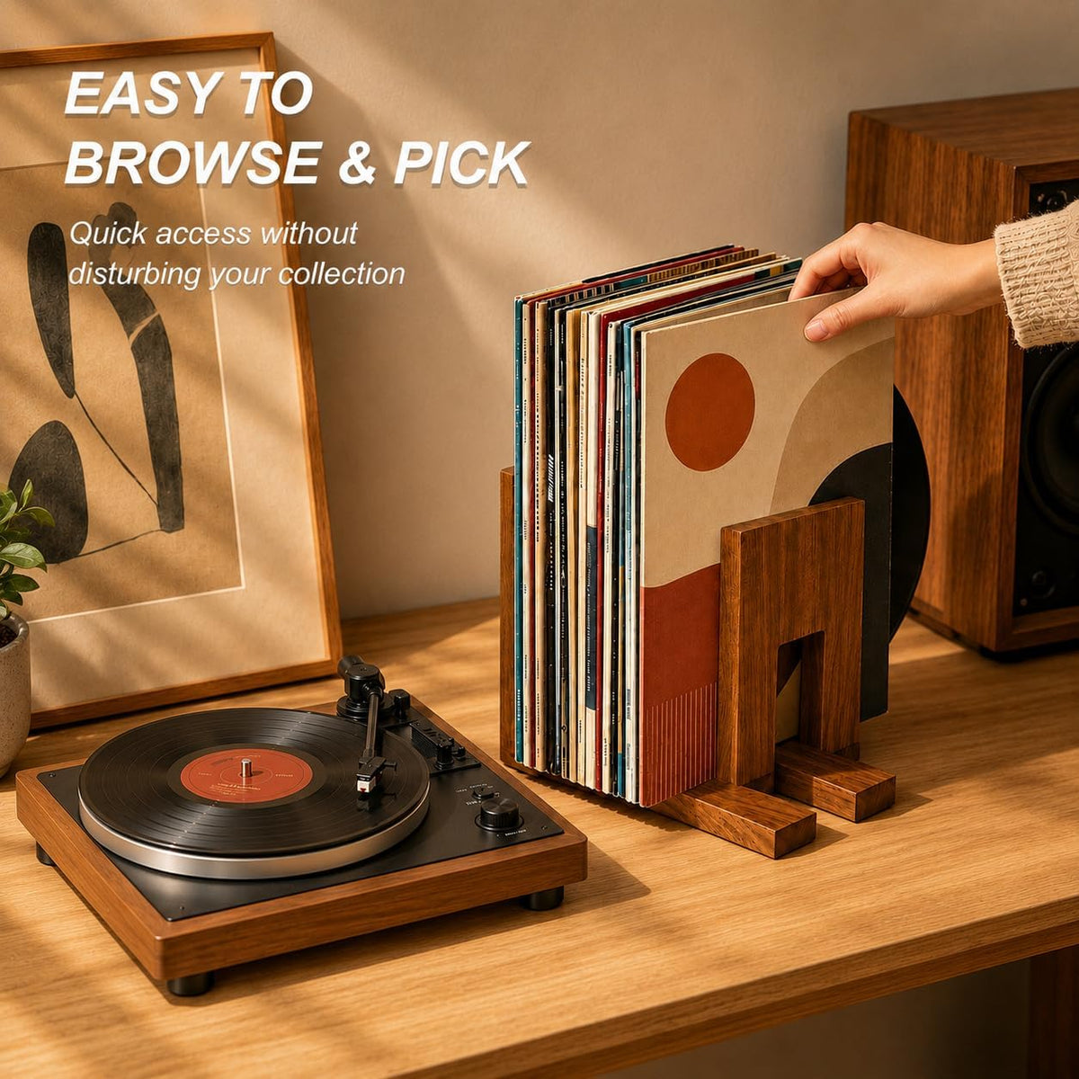 Solid Acacia Wood Vinyl Record Storage Rack, Adjustable Record Holder | Keeps 10-60 LPs upright for easy browsing, with