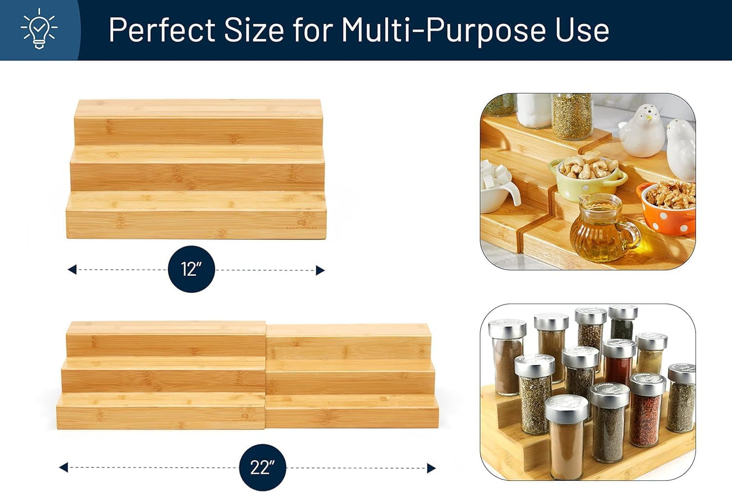 Bamboo Expandable Spice Rack Organizer, 3-Tier Adjustable Kitchen Cabinet | Countertop Display Shelf, Space Organizer