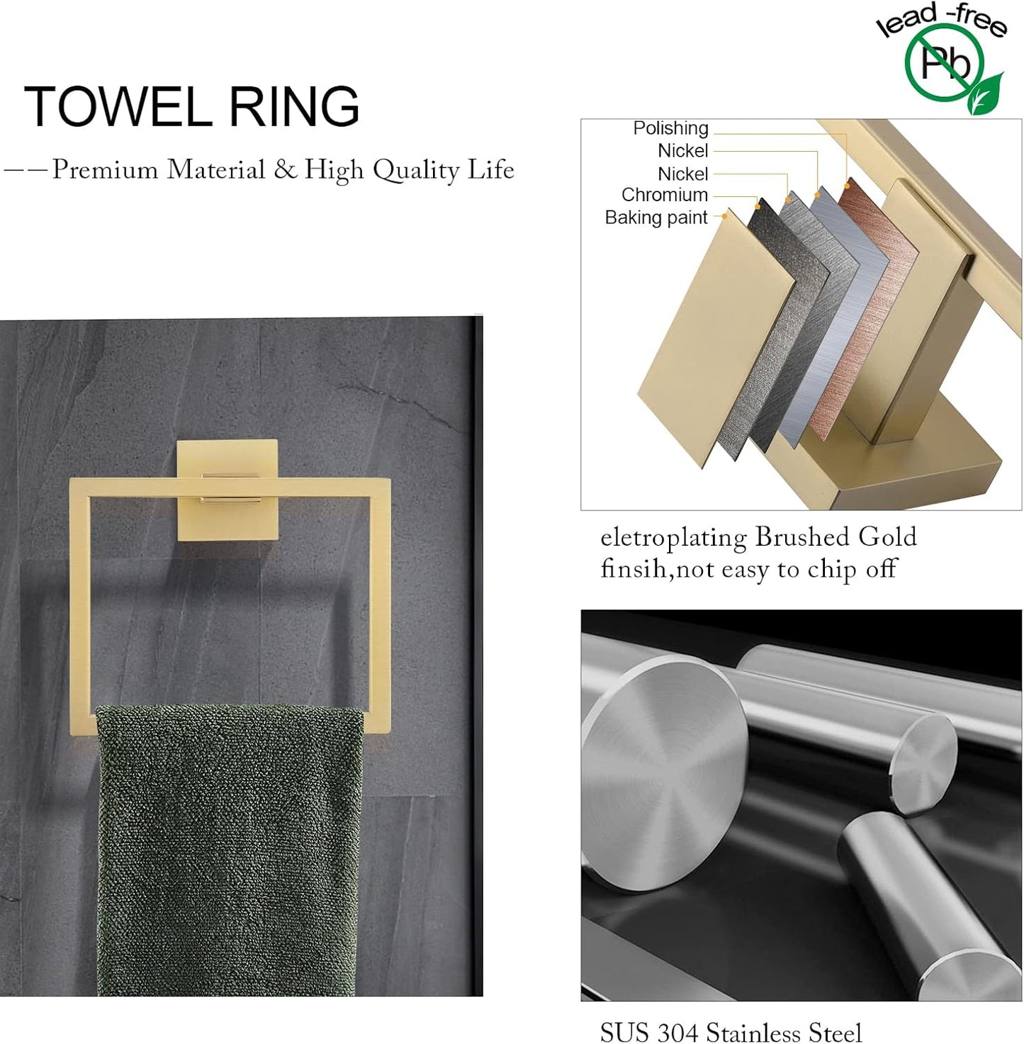5-Piece Bathroom Hardware Set 23.6 Inch Gold Towel Bar Set Towel Bar Towel Ring Coat Hook and Toilet Paper Holder with