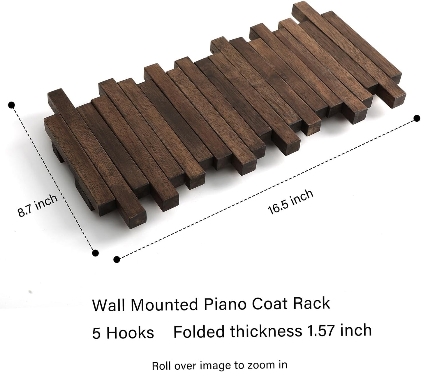 Natural Wood Wall Mounted Piano Coat Rack| Coat Rack Wall Mount| Flip Down Wall Hook Rack 5 Hooks| Entryway Coat