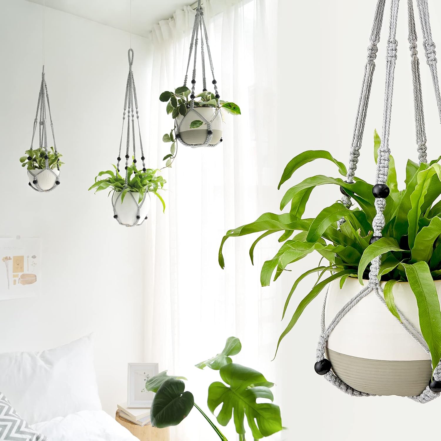 Macrame Plant Hangers Indoor Different Size Hanging Planter Basket Flower / Medium / Gray / Set of 3