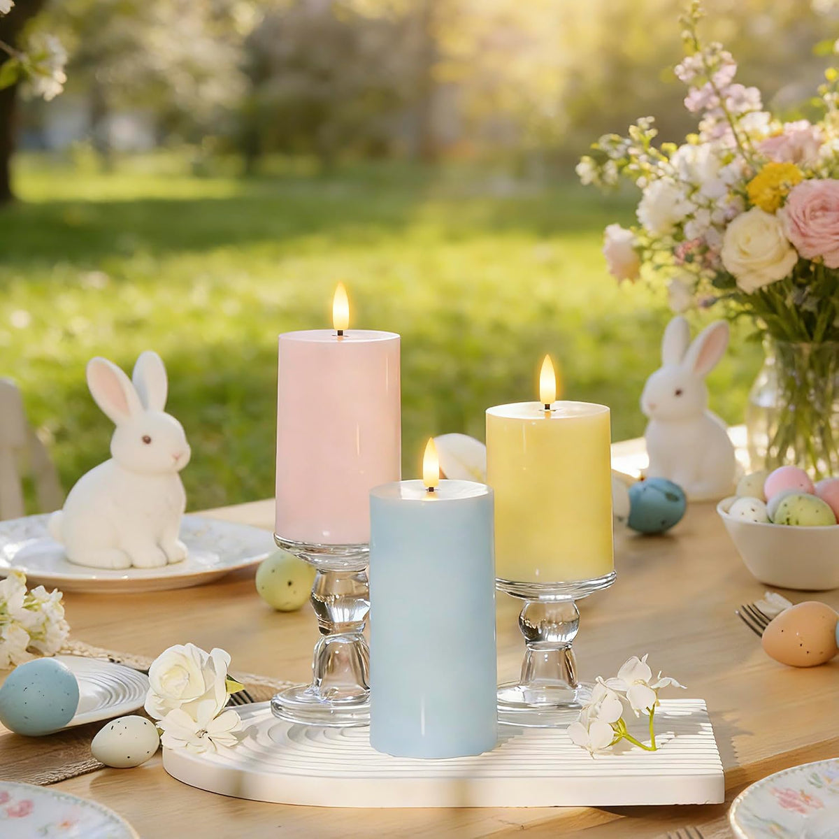 Flameless Easter Candles with Remote, Battery Operated Spring Candles | Pastel Realistic Flickering LED Pillar Candles