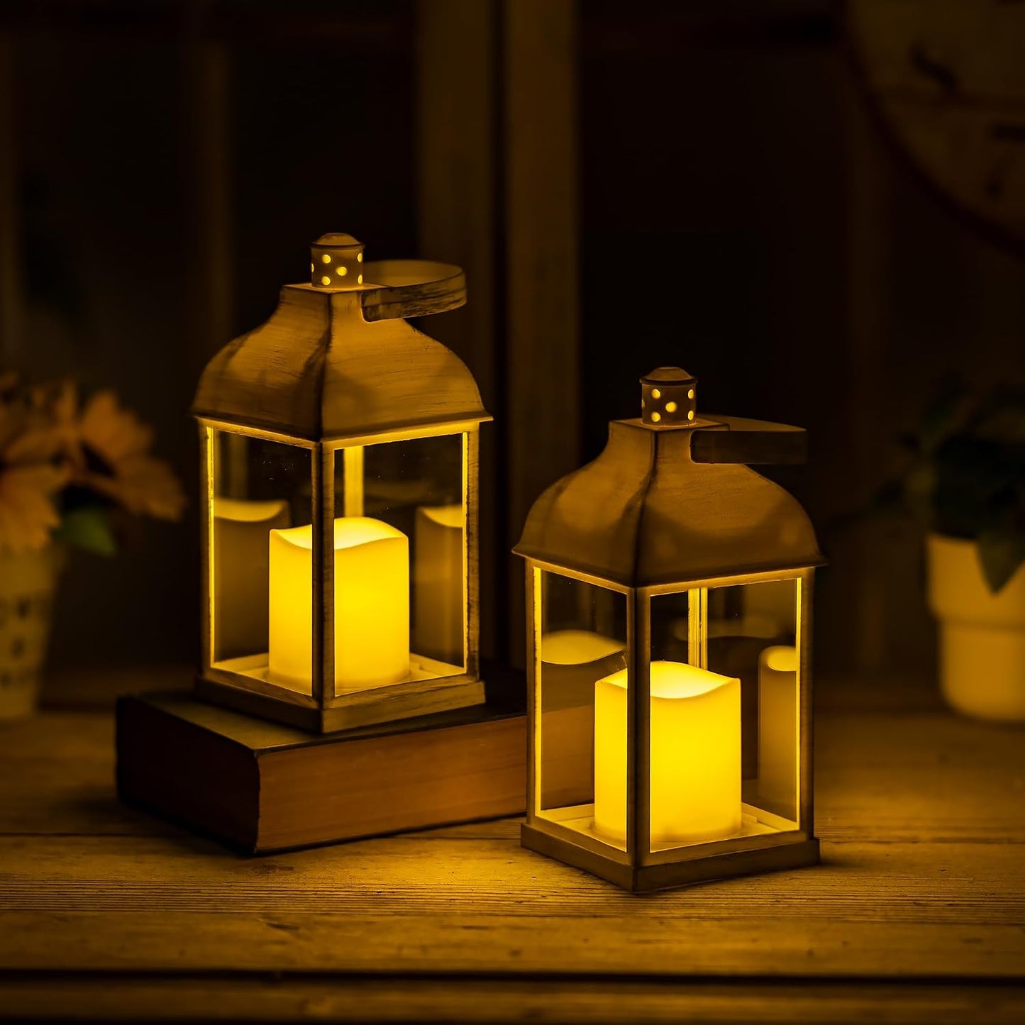 White Small Lanterns with LED Candles, Set of 6 Wedding Decor | Distressed Farmhouse Lanterns with Glass Panels