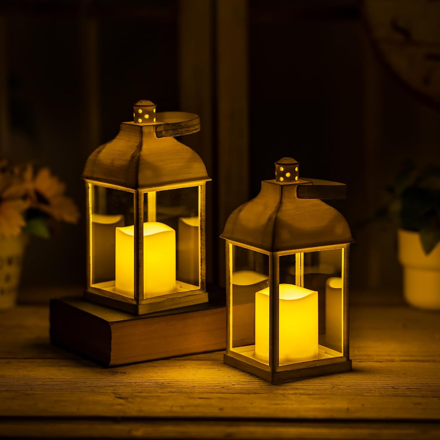 White Small Lanterns with LED Candles, Set of 6 Wedding Decor | Distressed Farmhouse Lanterns with Glass Panels