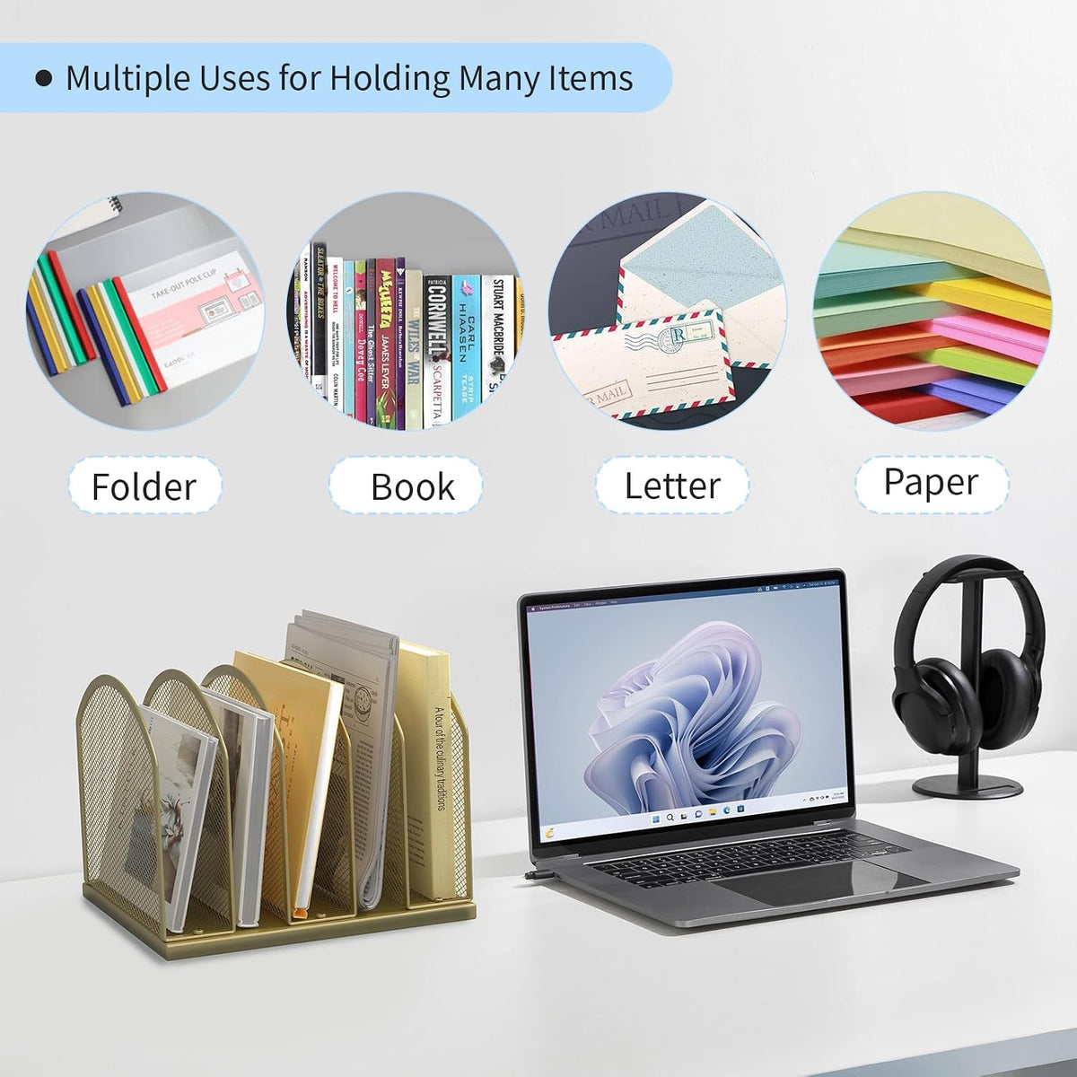 Gawerk 5-Section Vertical Desktop Organizer, 5-Section Mesh File Folder Stand Sorter for Office Home Classroom