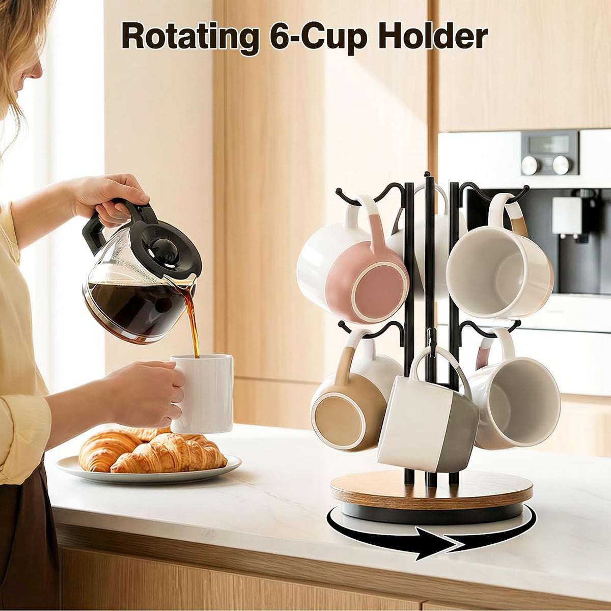 6-Hook 360° Rotating Large Coffee Mug Tree for Counter, Wood Base, Brown | 360° rotation, 6 mugs (12-16oz), 5.7"
