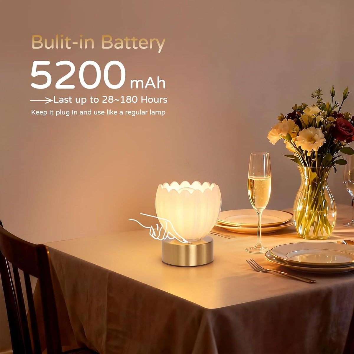 Shenmoyl Cordless Small Table Lamp with 5200mAh Battery & Touch Control, Battery Operated Tulip Table Lamp with 3
