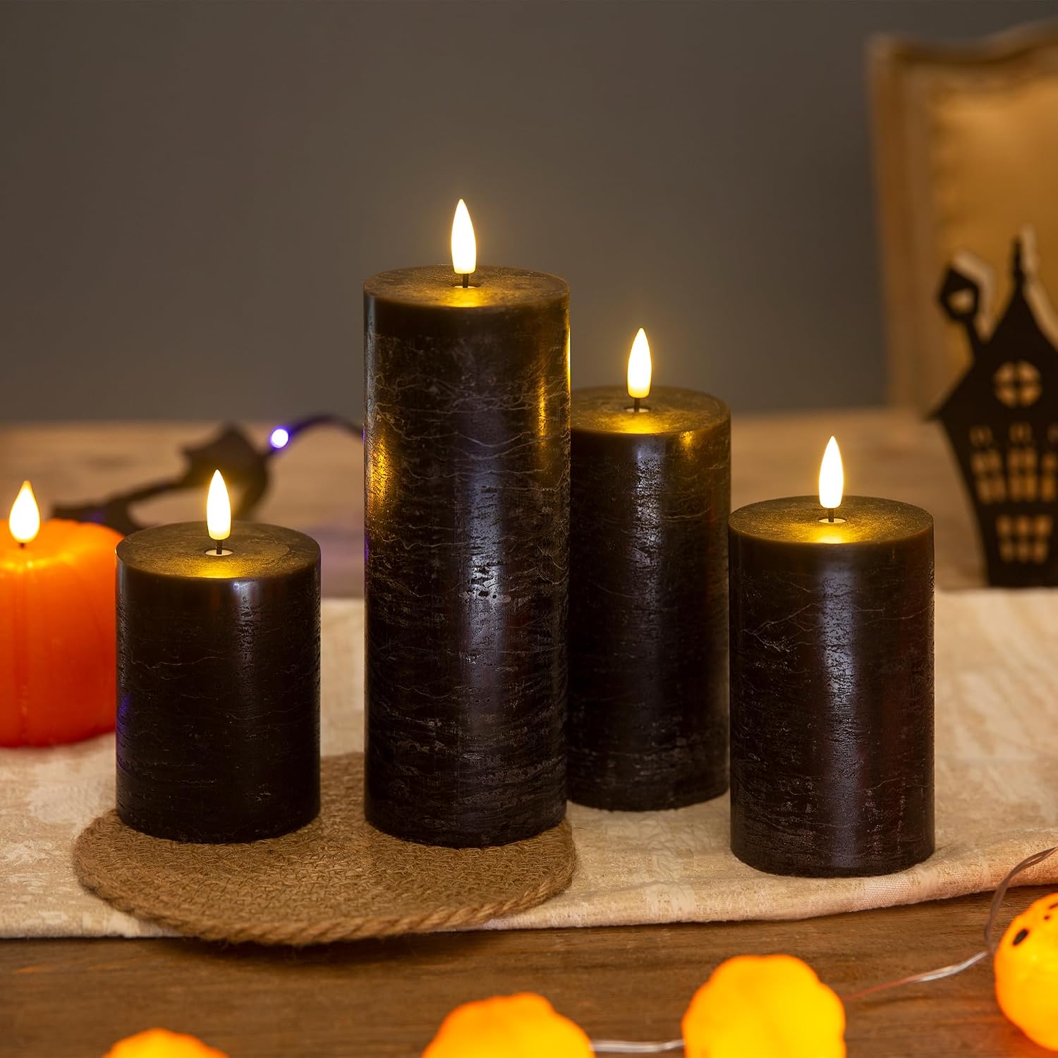 LUSHARBOR Halloween Flameless Candles, 4 Pack Battery Operated Halloween Candles with Remote, Wax LED Fake Pillar