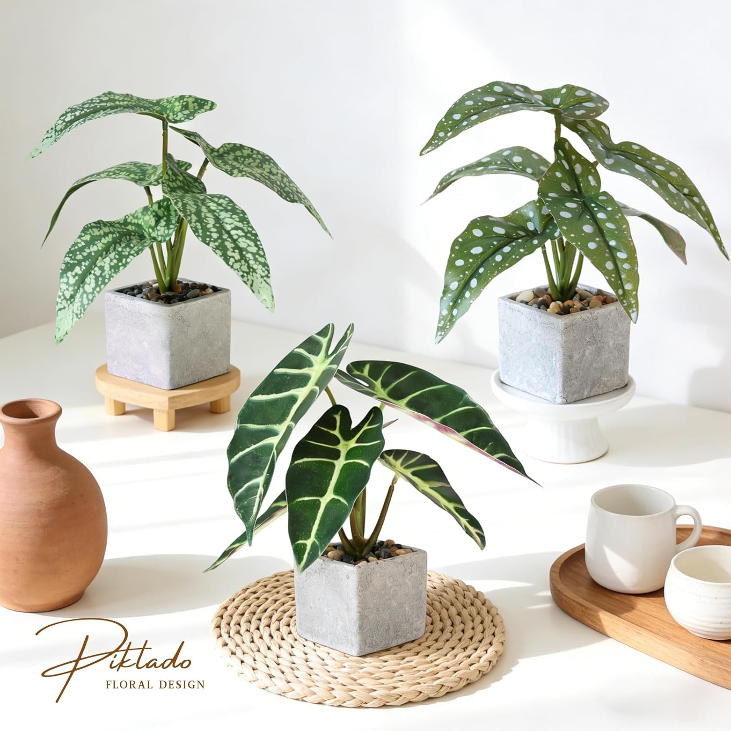Small Fake Plants Artificial Begonia Leaves Faux Plants Indoor / Green / Set of 3