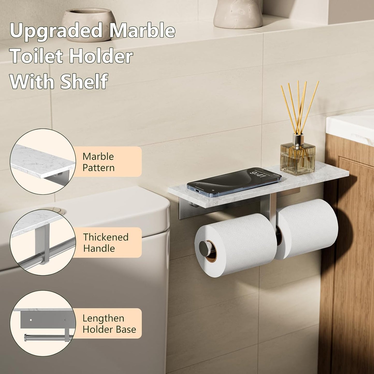 Marble Toilet Paper Holder with Shelf Doulble Bathroom Tissue Roll Holder | Brushed Nickel 304 Stainless Steel Toilet